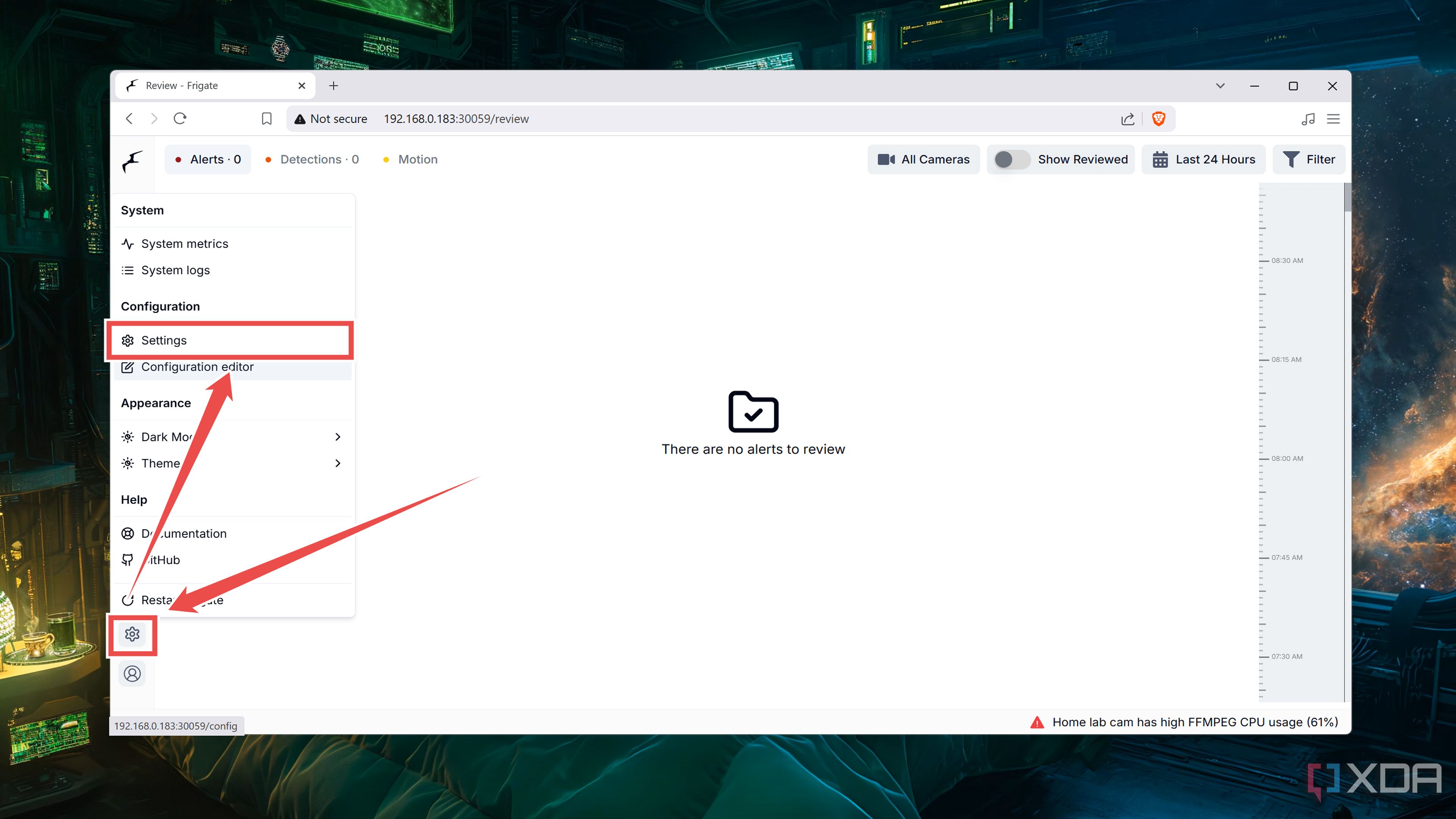 Choosing the Settings option inside the Frigate web UI