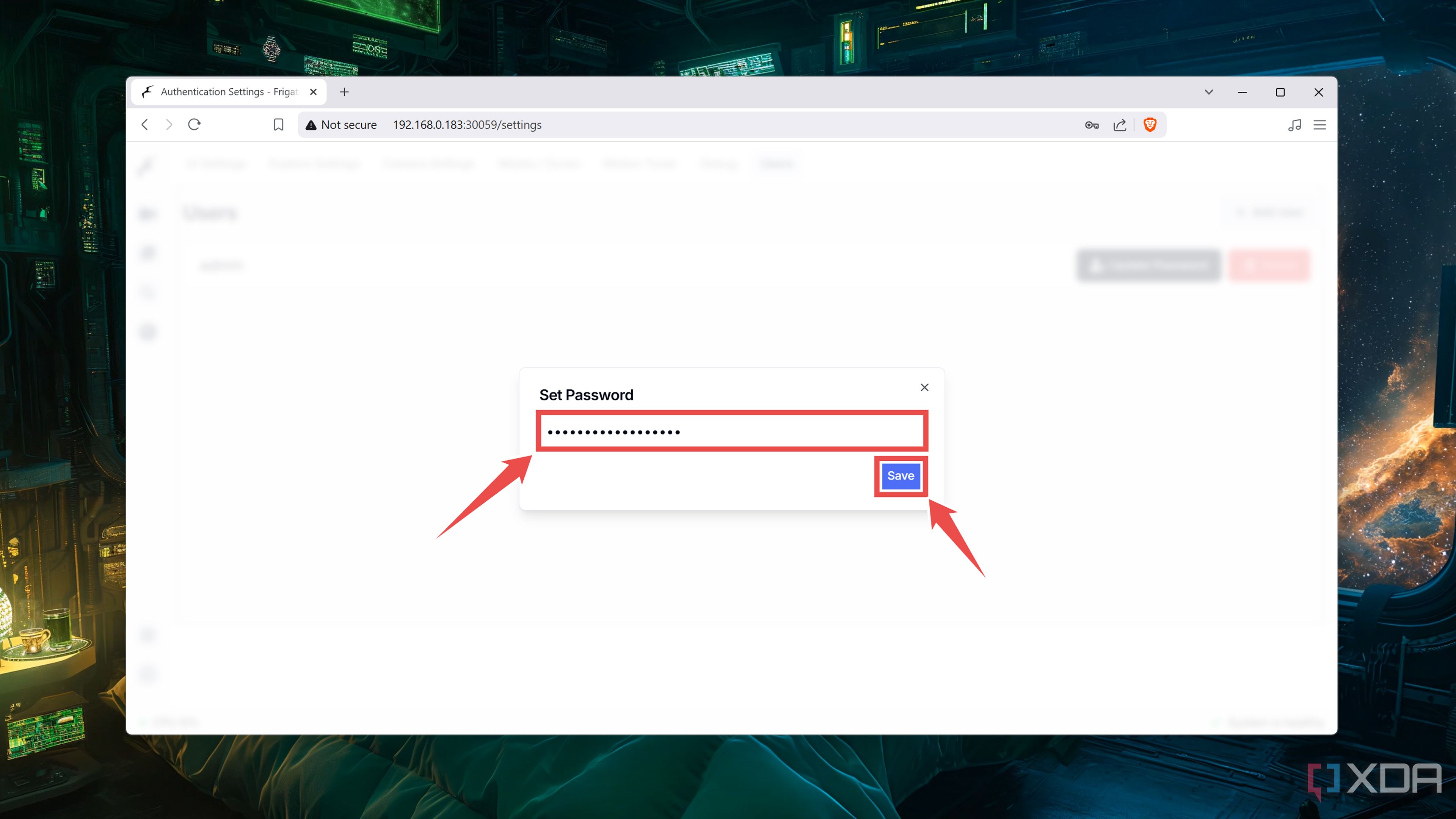 Setting the password of the admin user in the Frigate web UI