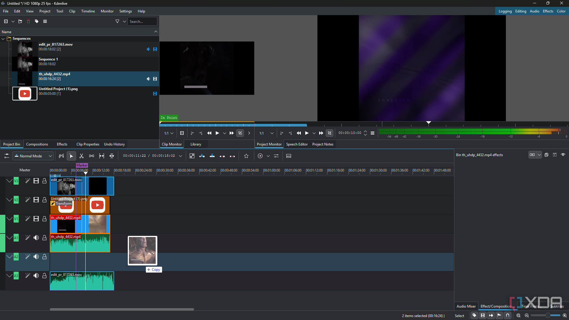Kdenlive drag and drop mp4 file into project