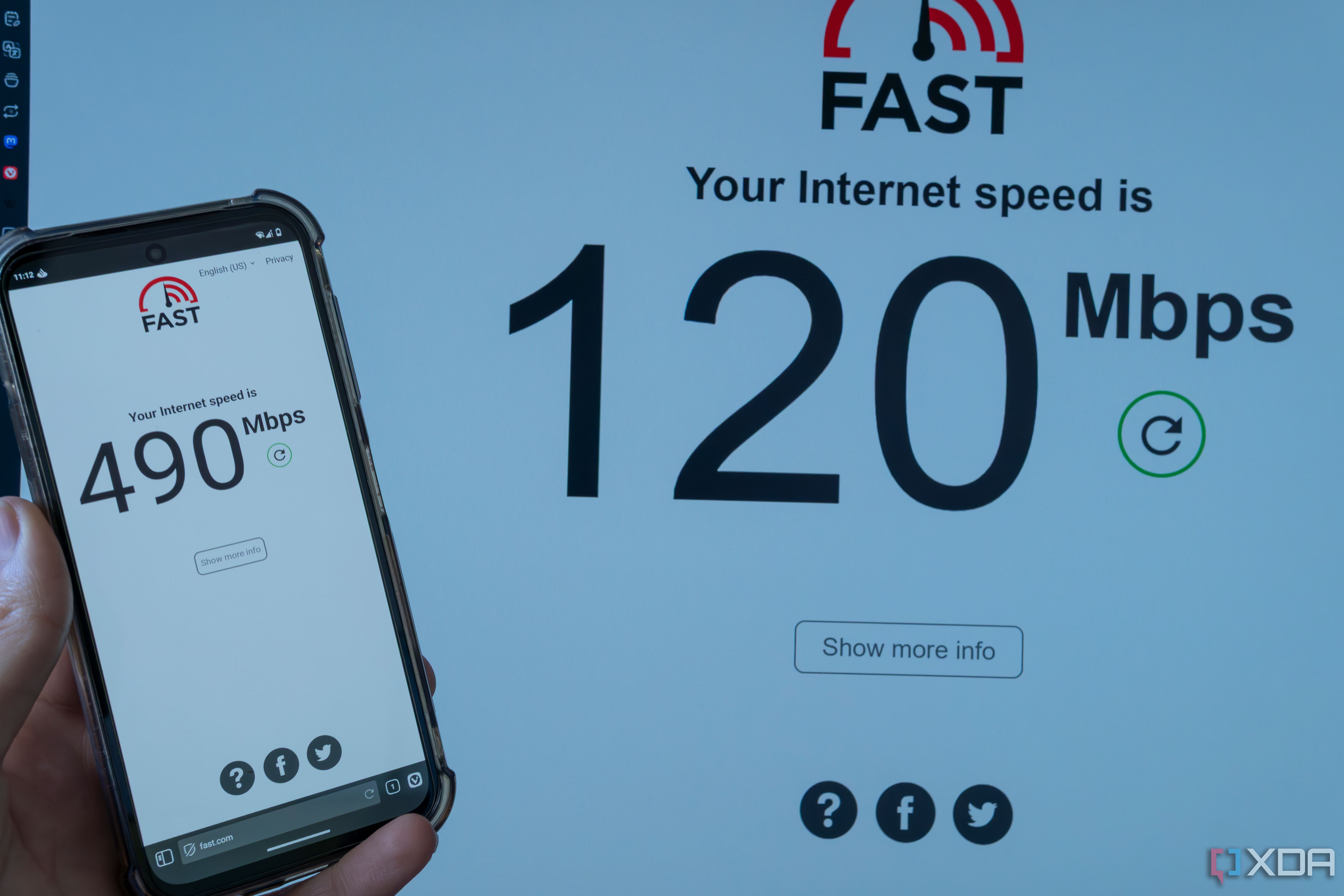 A speed test result on the Minisforum AI X1 Pro next to the same test on a smartphone