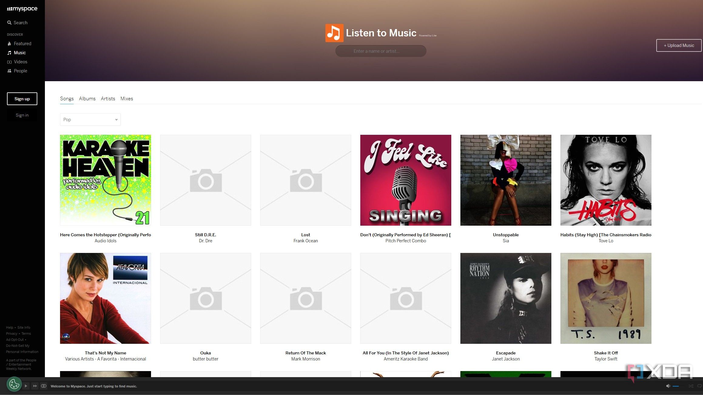screenshot of myspace music discovery page