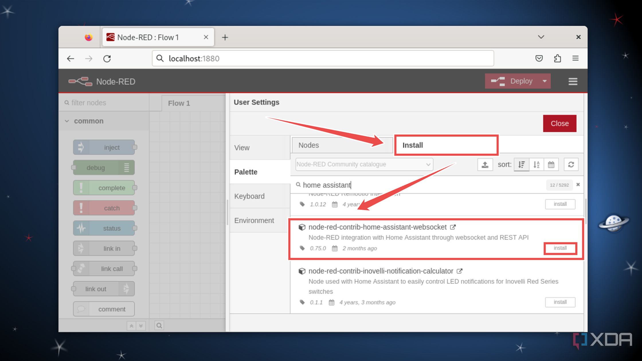 Installing the Home Assistant websocket palette in Node-RED