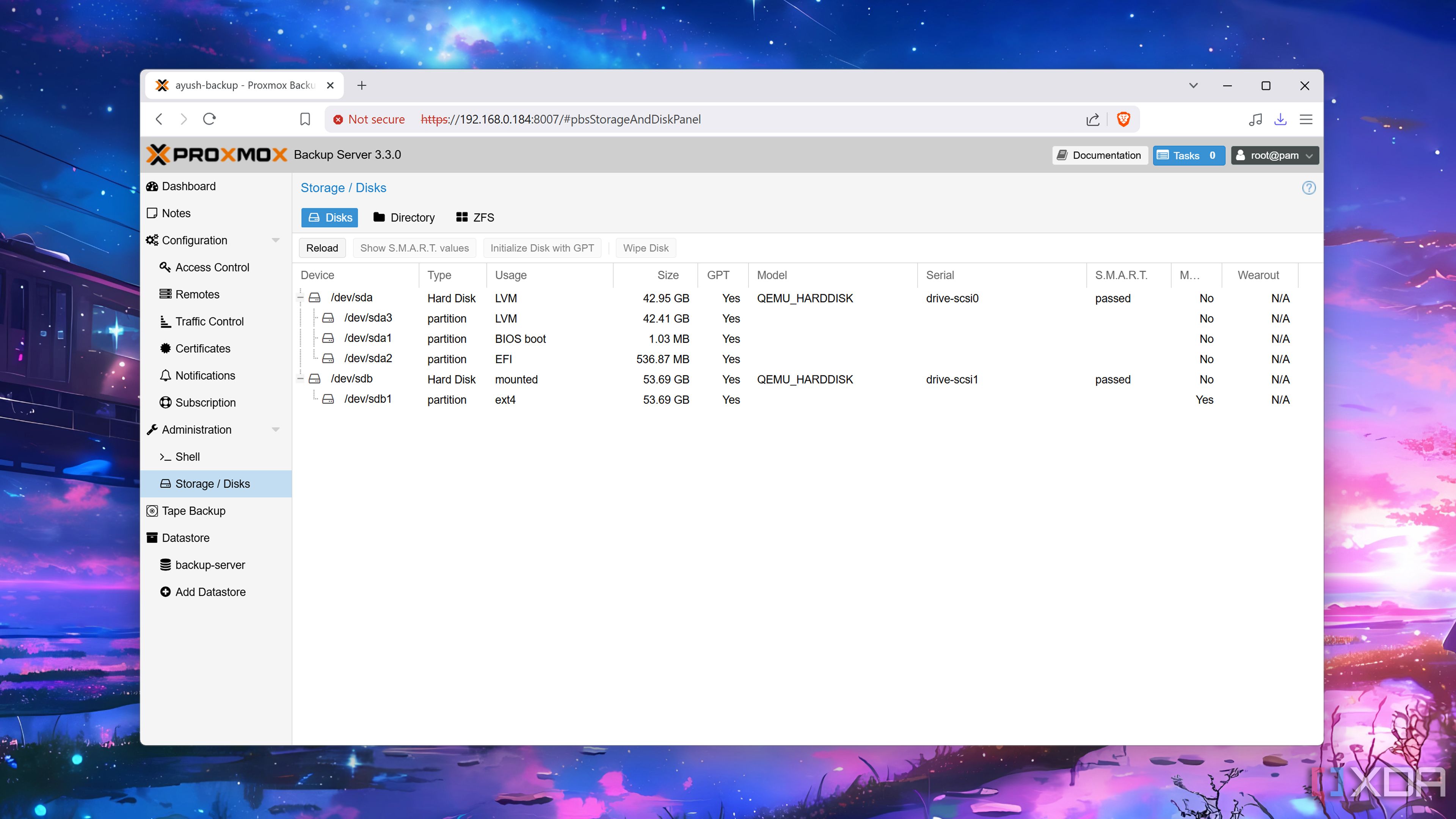 The Storage/Disks tab in the Proxmox Backup Server
