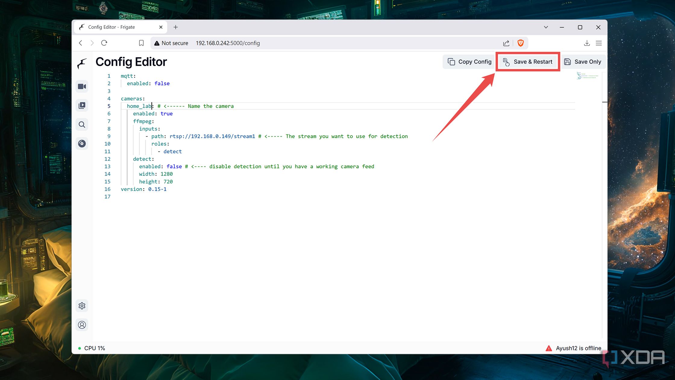 Pressing the Start & Restart button on the Frigate UI
