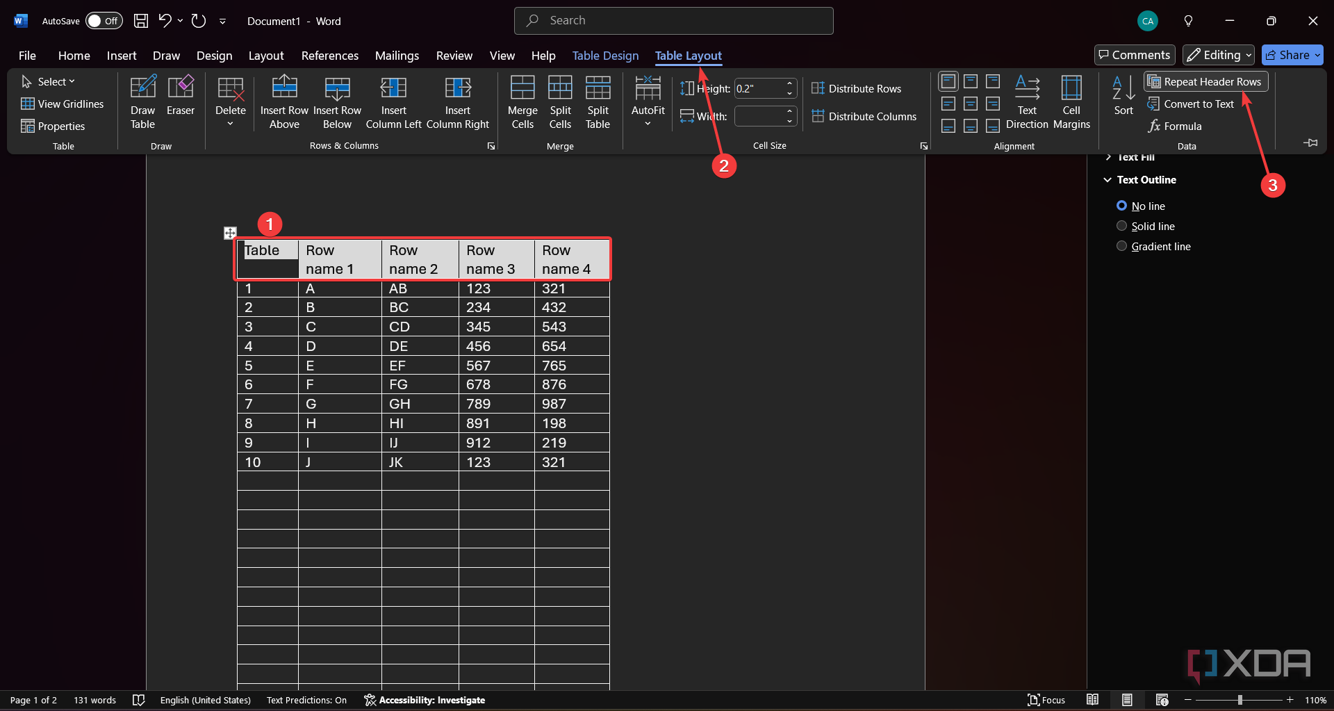 Step-by-step instructions to repeat the header of a Word table on multiple pages