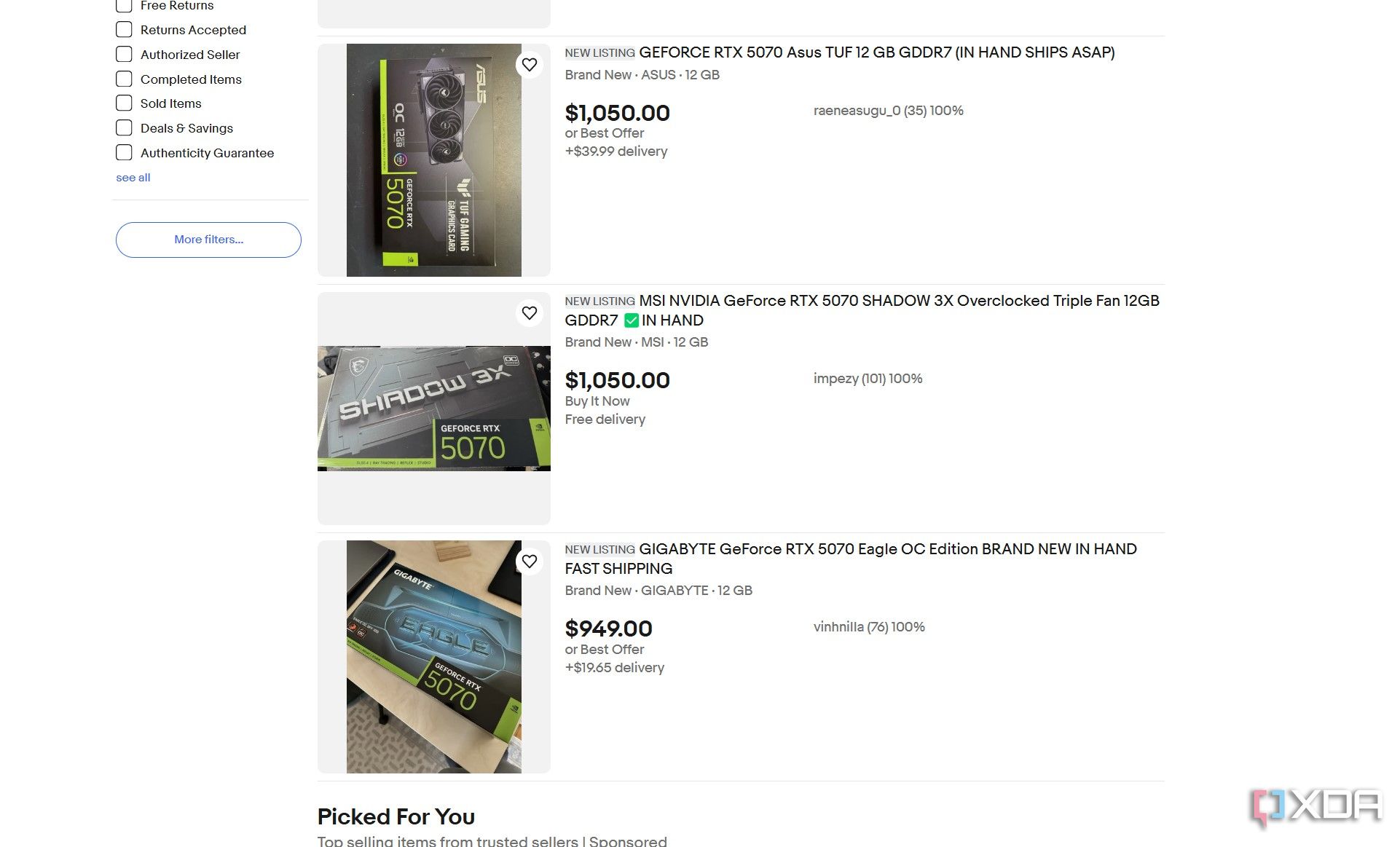 Цены на NVIDIA RTX 5070 на eBay.