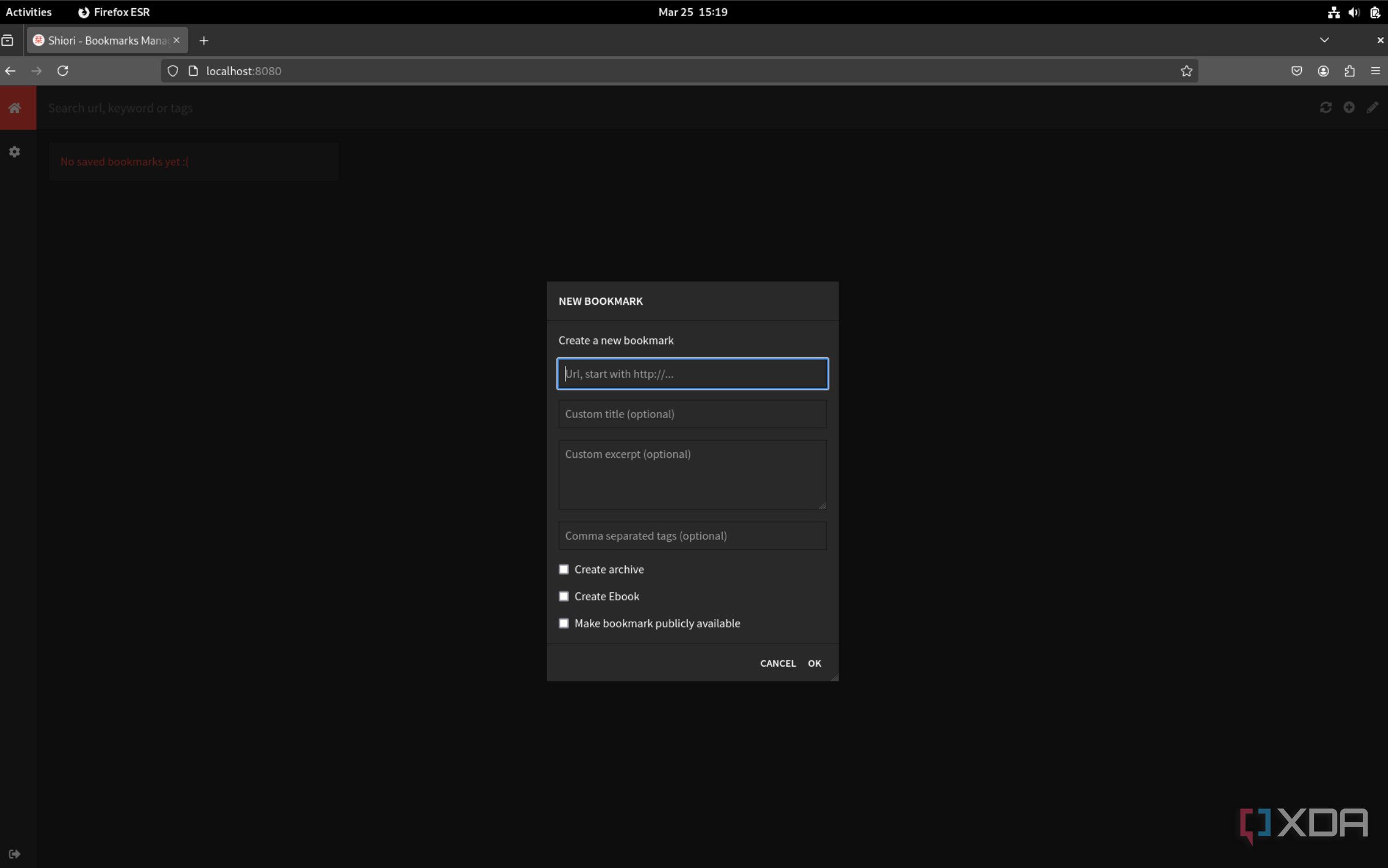 screenshot of shiori dialog to add a bookmark