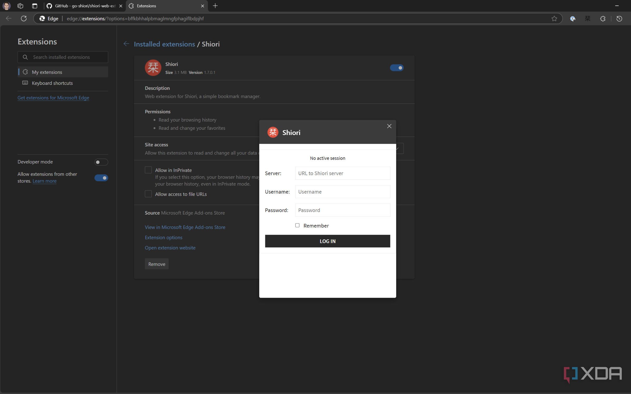screenshot of logging in to shiori web extension