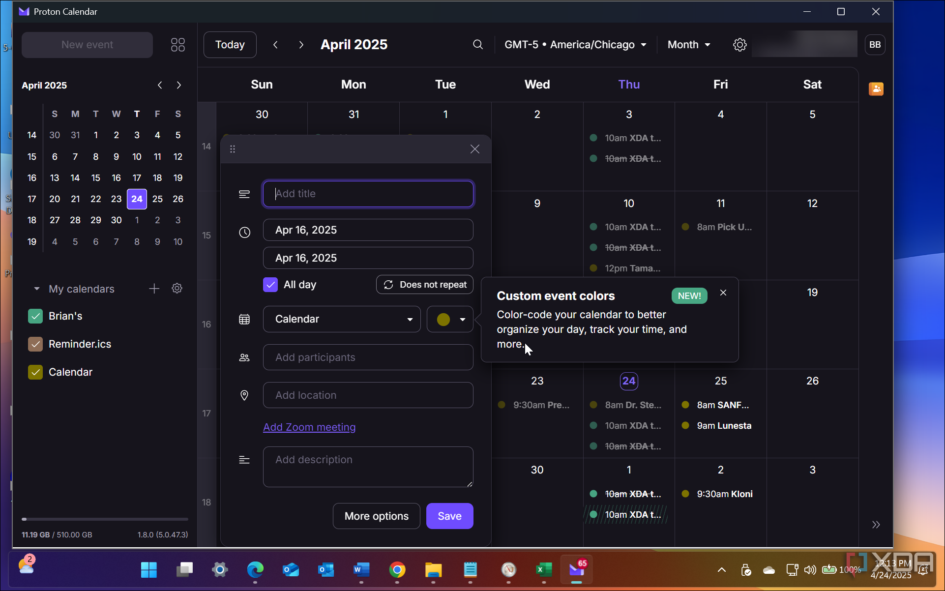 Shows Proton Calendar app running on Windows