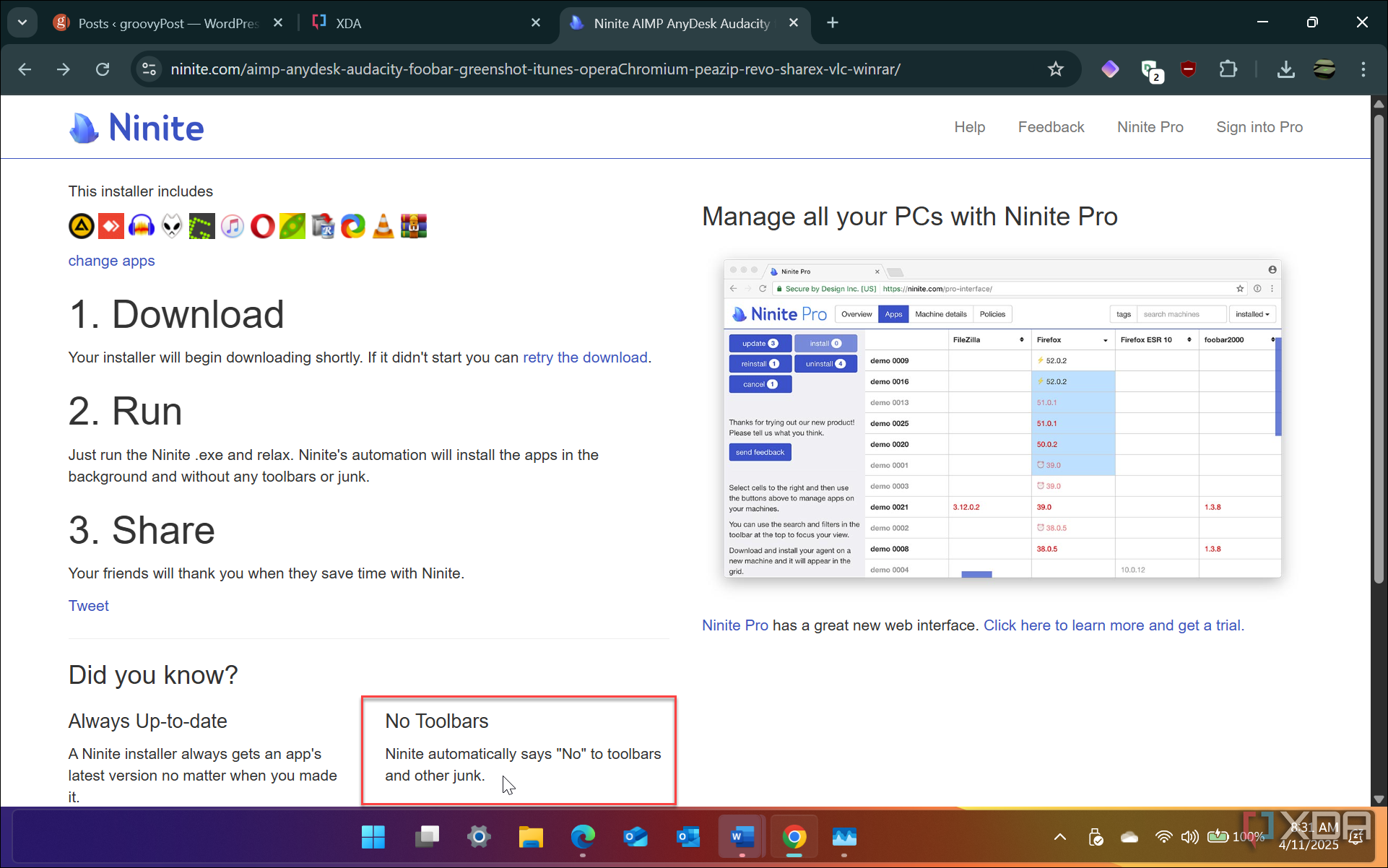 Shows Ninite site emphasising no toolbars or other junk