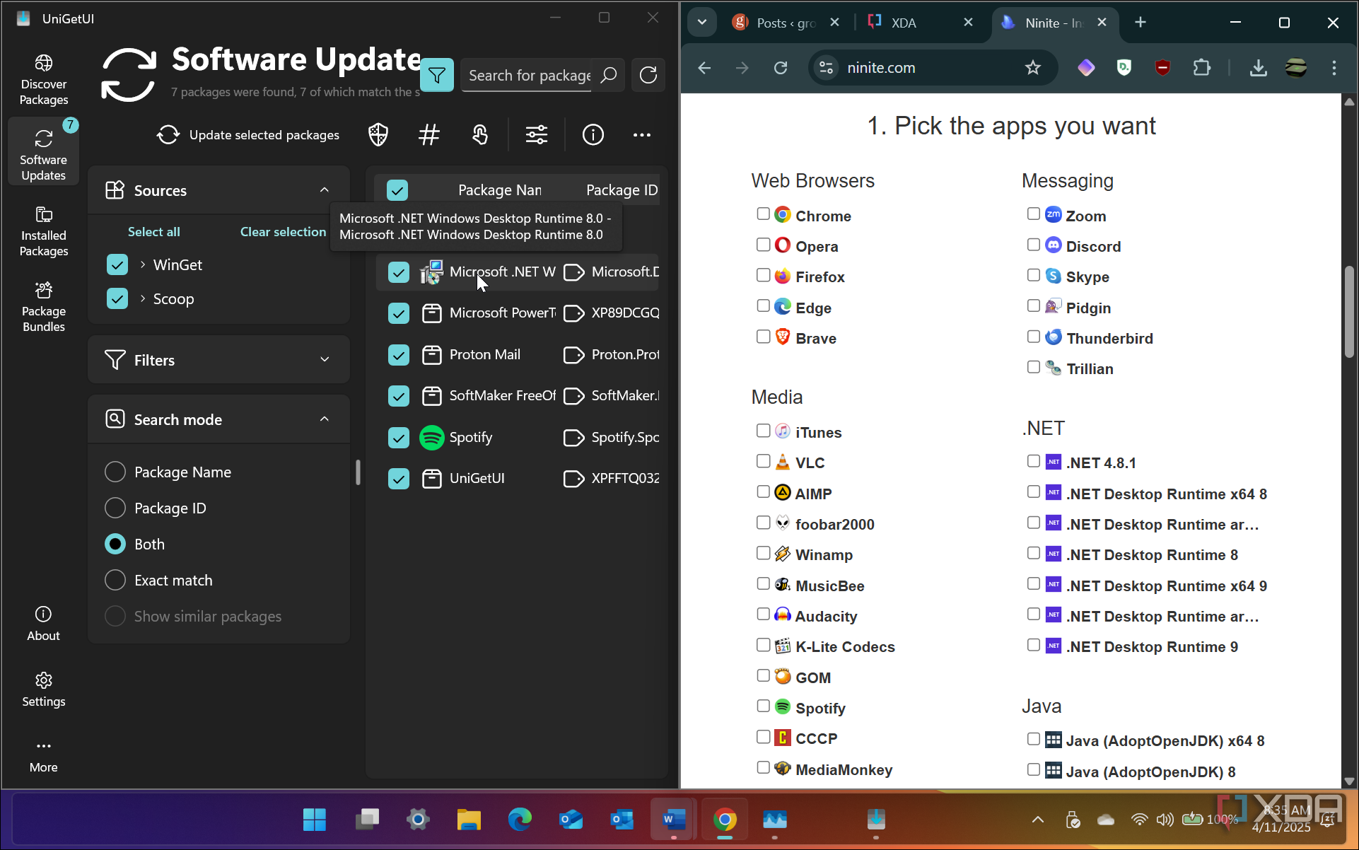 Shows UniGetUI and Ninite via split screen on Windows 11