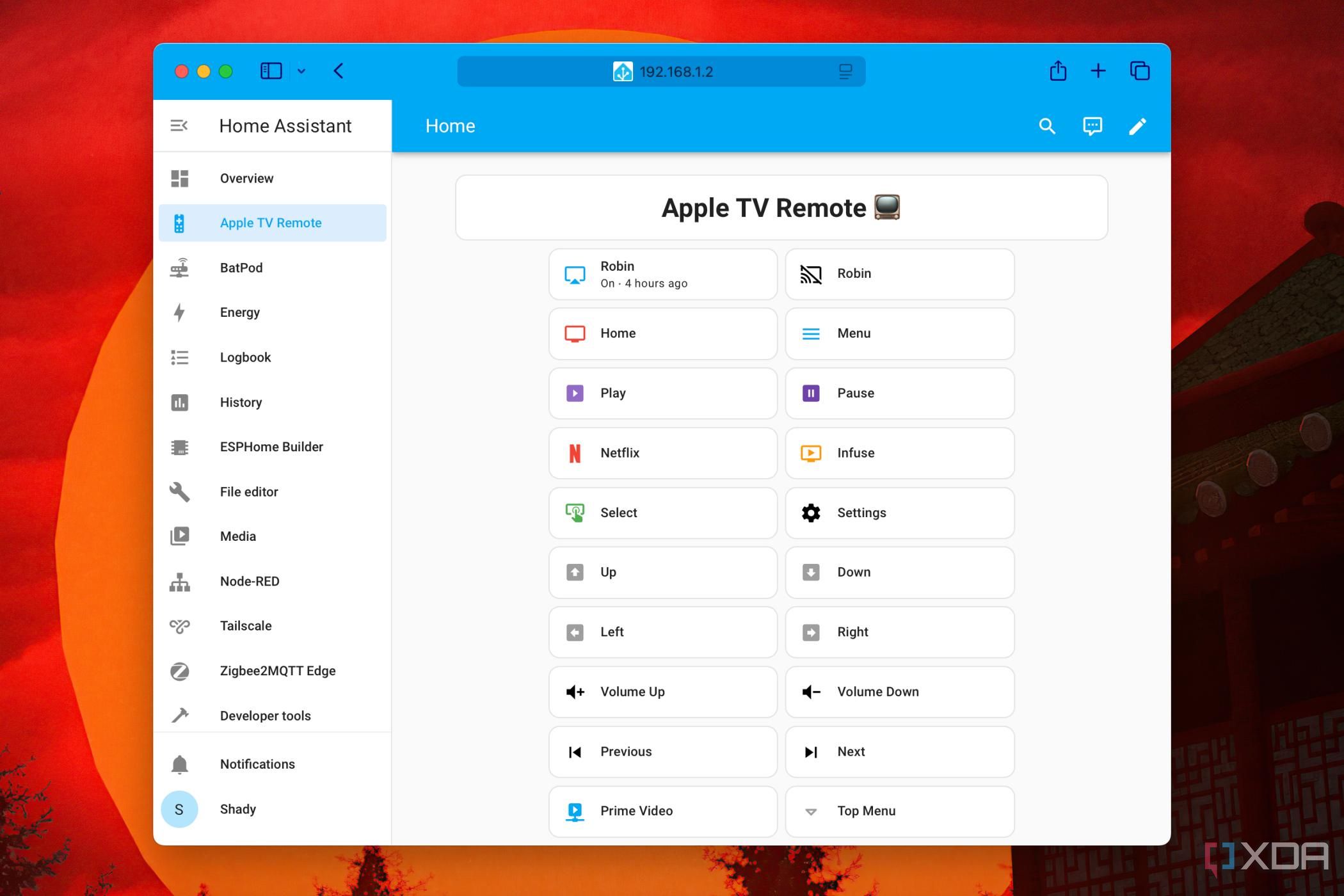 Captura de pantalla del control remoto de Apple TV como un tablero en el asistente de casa