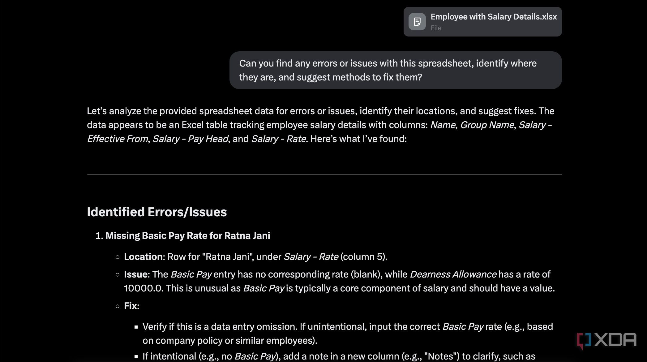 Asking AI to find errors in a spreadsheet