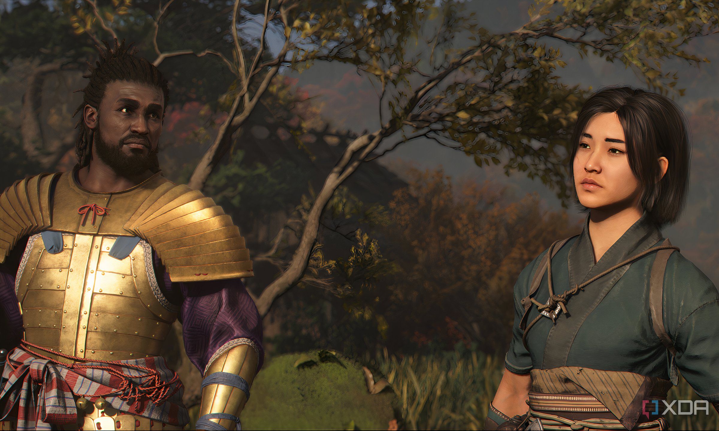 A screenshot from Assassin's Creed Shadows, showing the two protagonists, Naoe and Yasuke, standing next to each other.