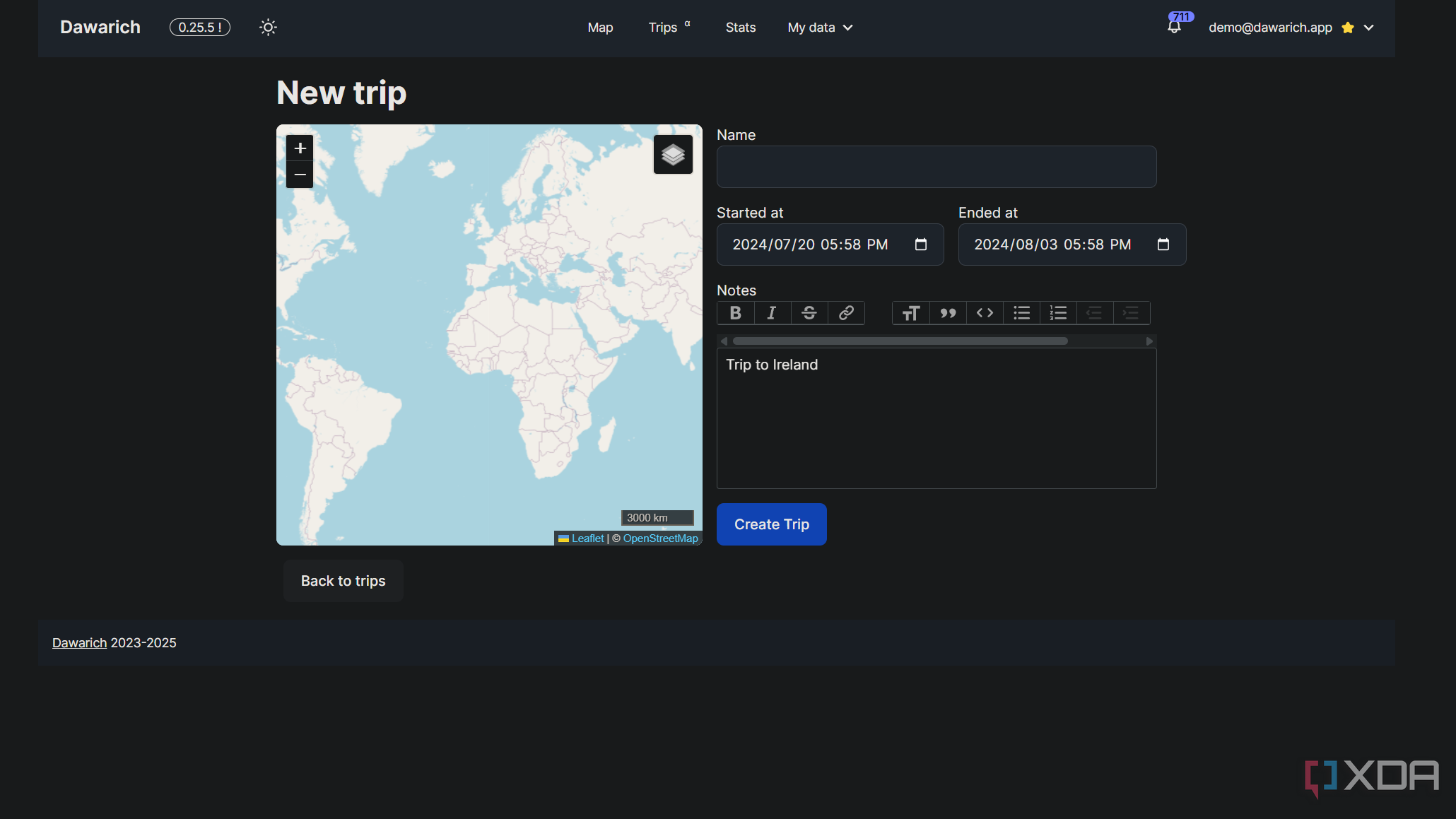 creating a trip in dawarich
