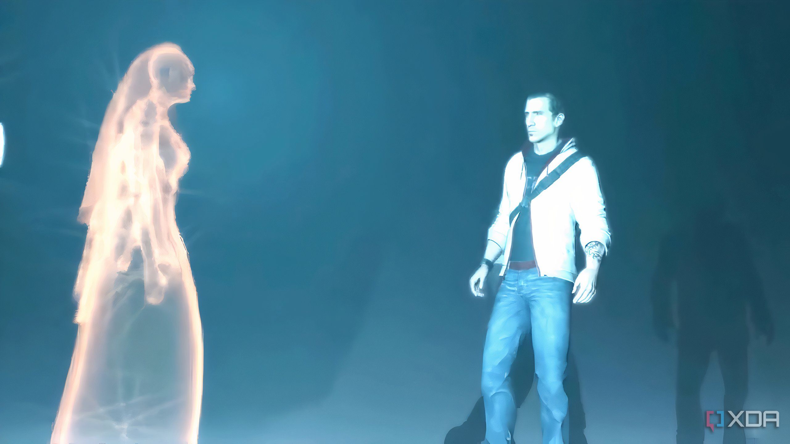 A screenshot from Assassin's Creed 3, showing Desmond talking to an Isu goddess.