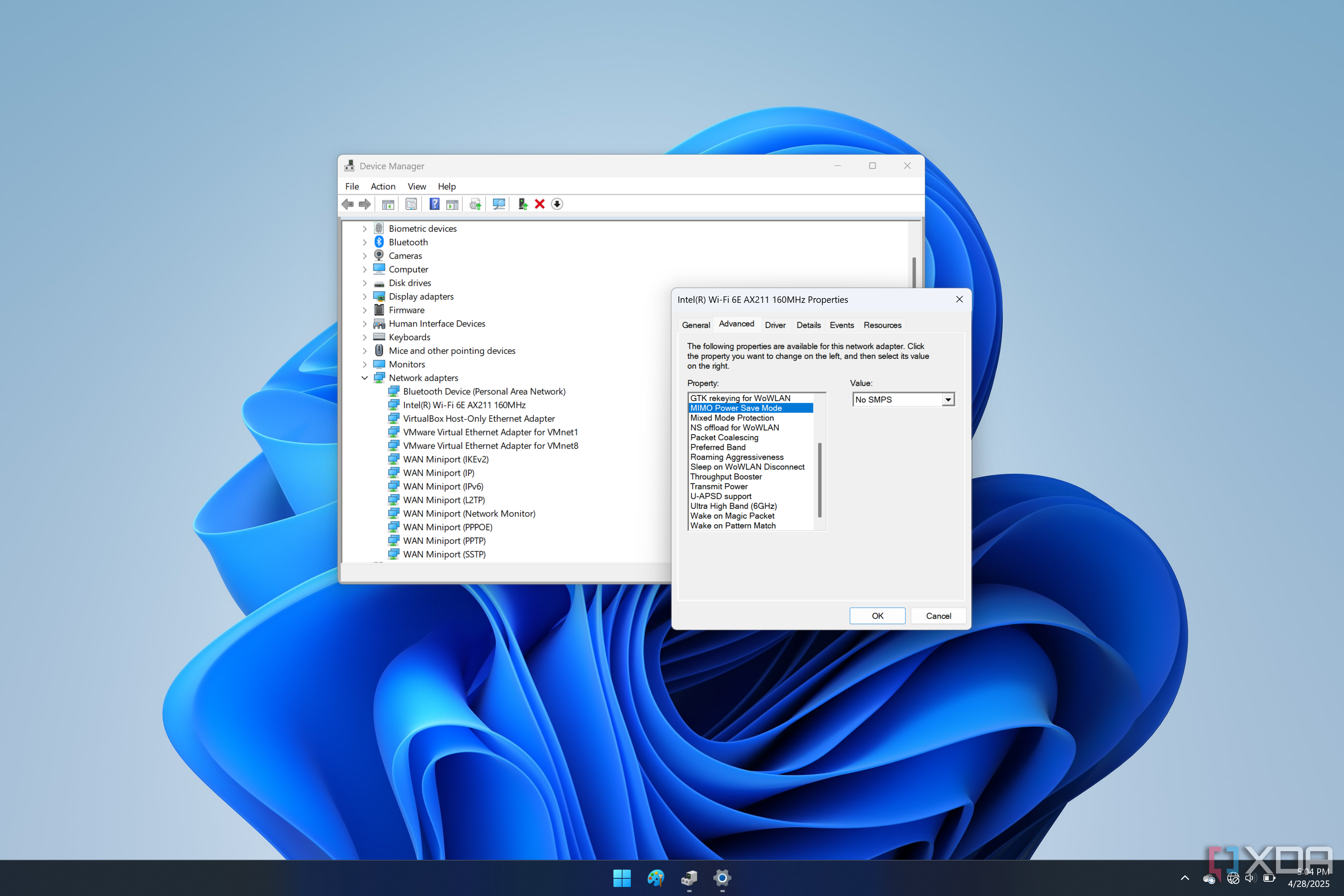 Screenshot of a Wi-Fi adapter's driver settings with a power saving mode disabled