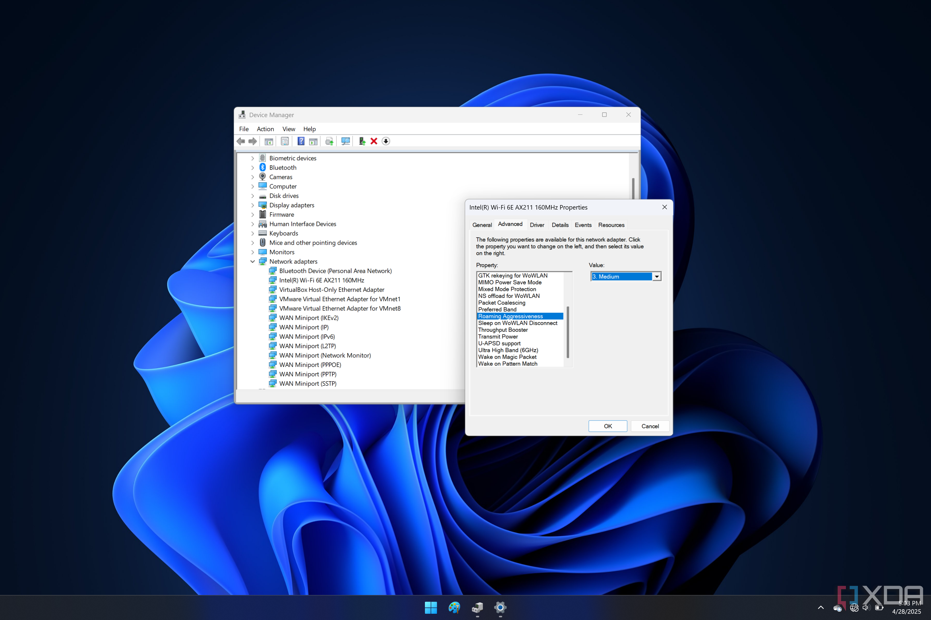 Screenshot of a Wi-Fi adapter's driver settings showing the roaming aggressiveness option set to the lowest level