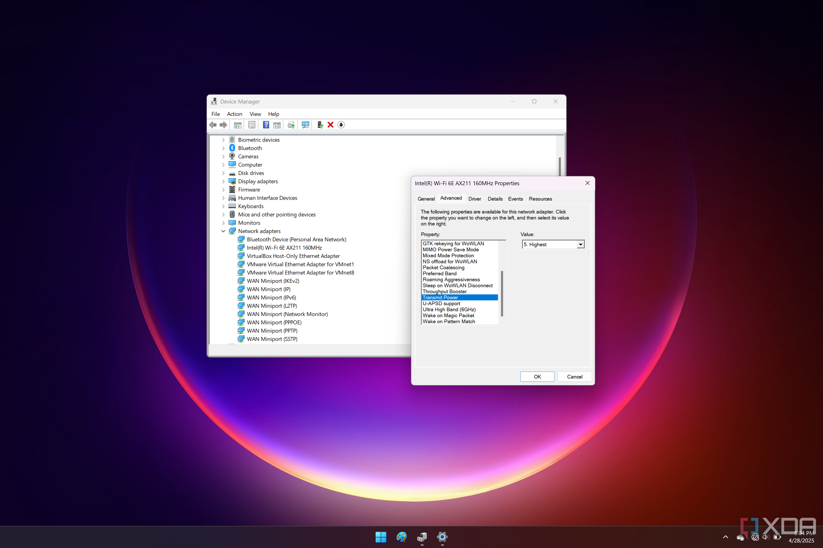 Screenshot of a Wi-Fi adapter's driver properties showing Transmit Power setting set to the highest level