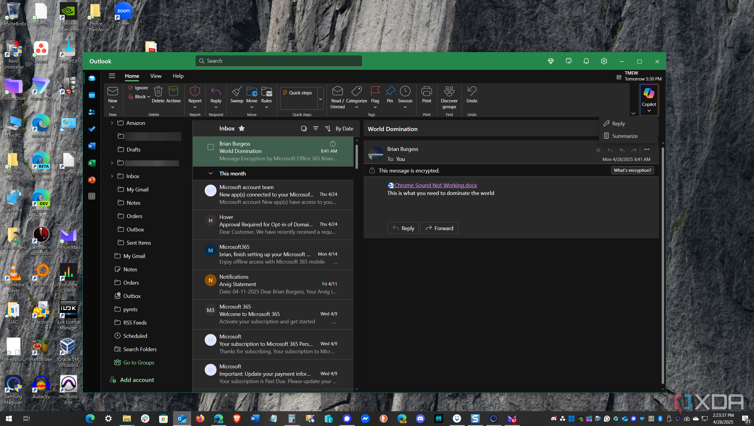 Shows encrypted email in Outlook app