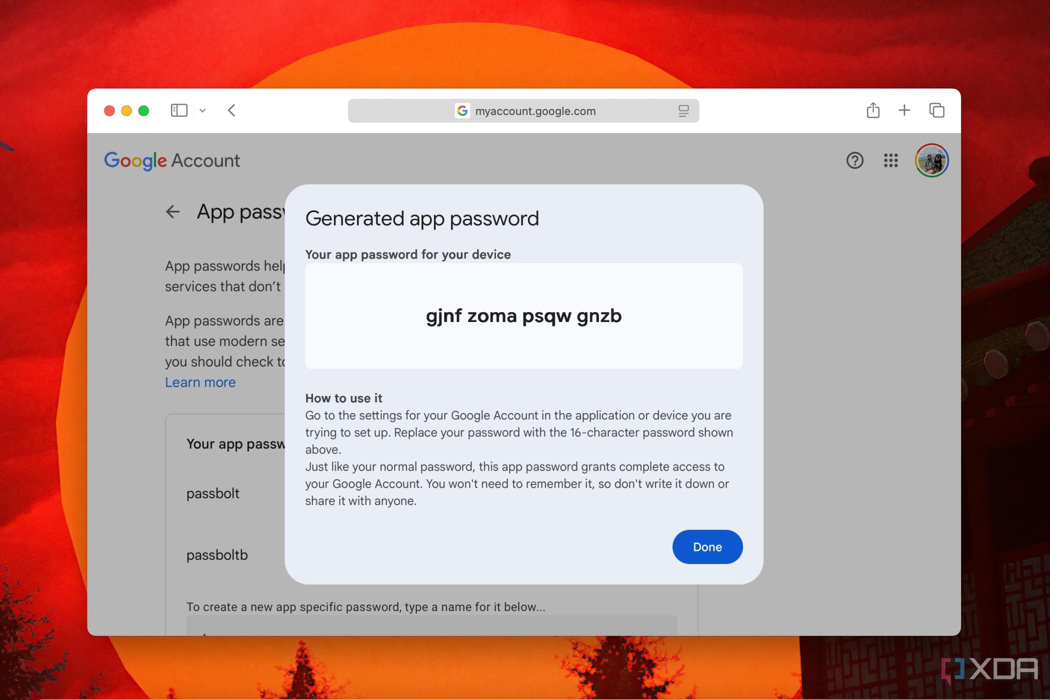 A screenshot of Google's App Password creation page showing a password