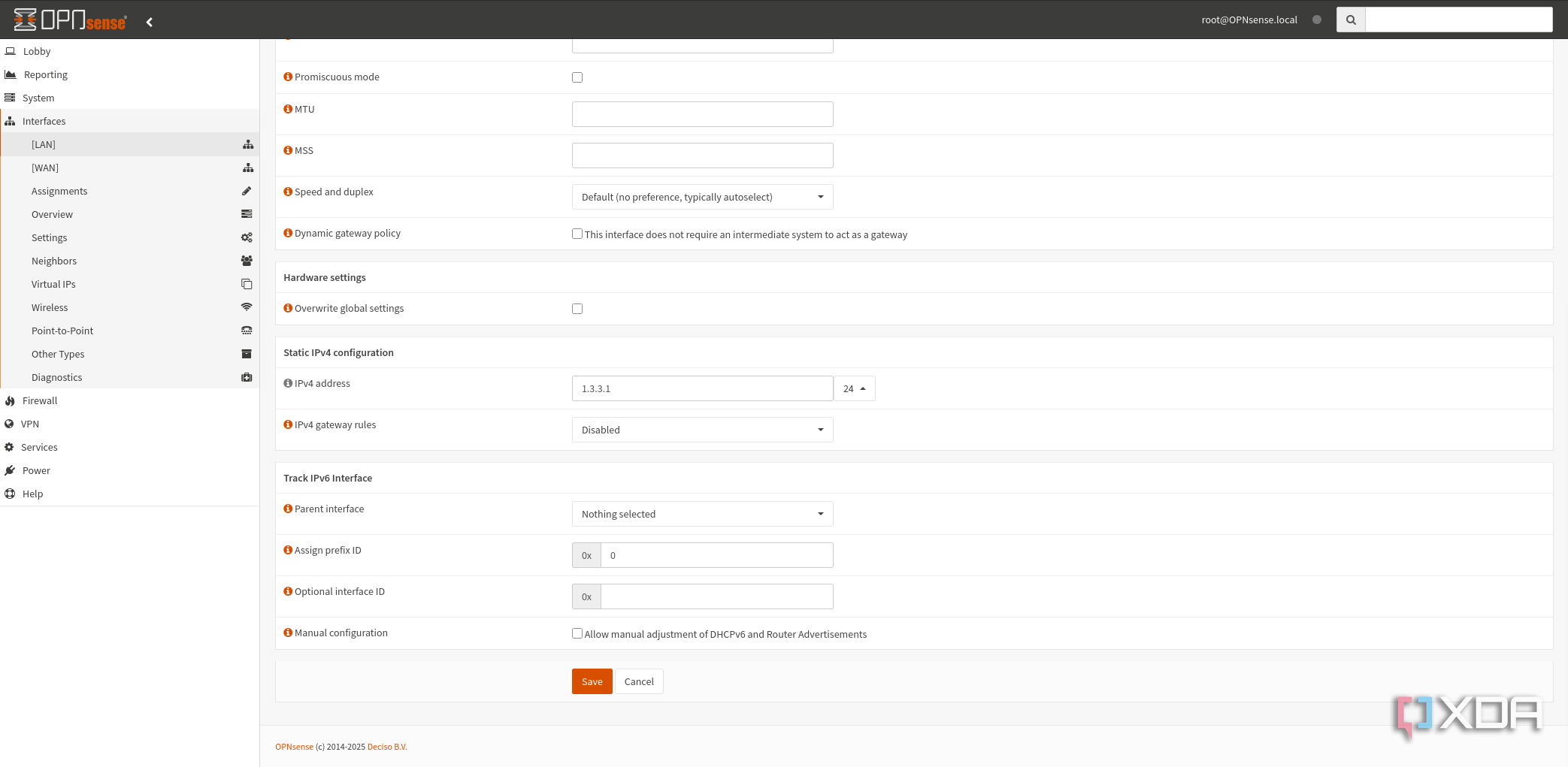 OPNsense LAN interface settings