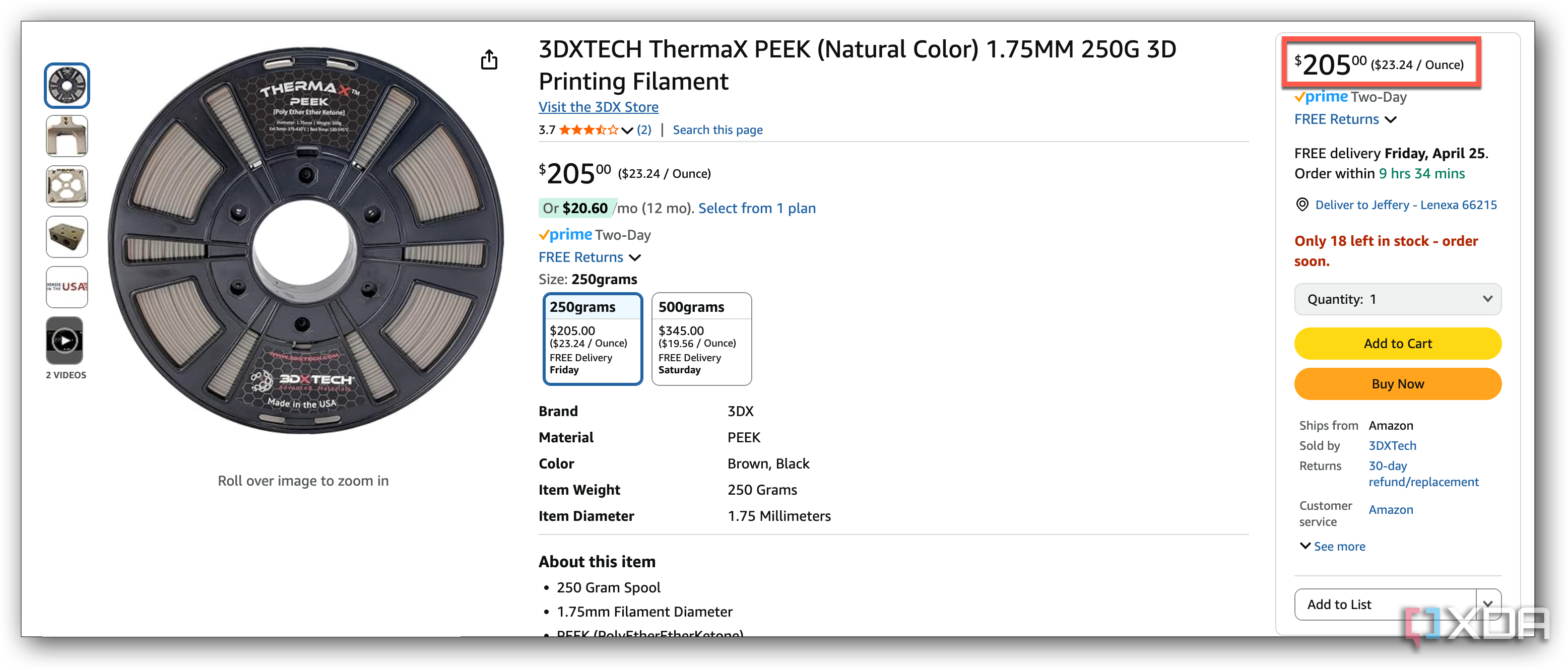 PEEK filament on Amazon