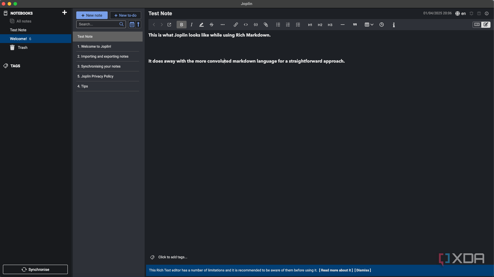 A screenshot of Joplin while using the Rich Markdown plugin.