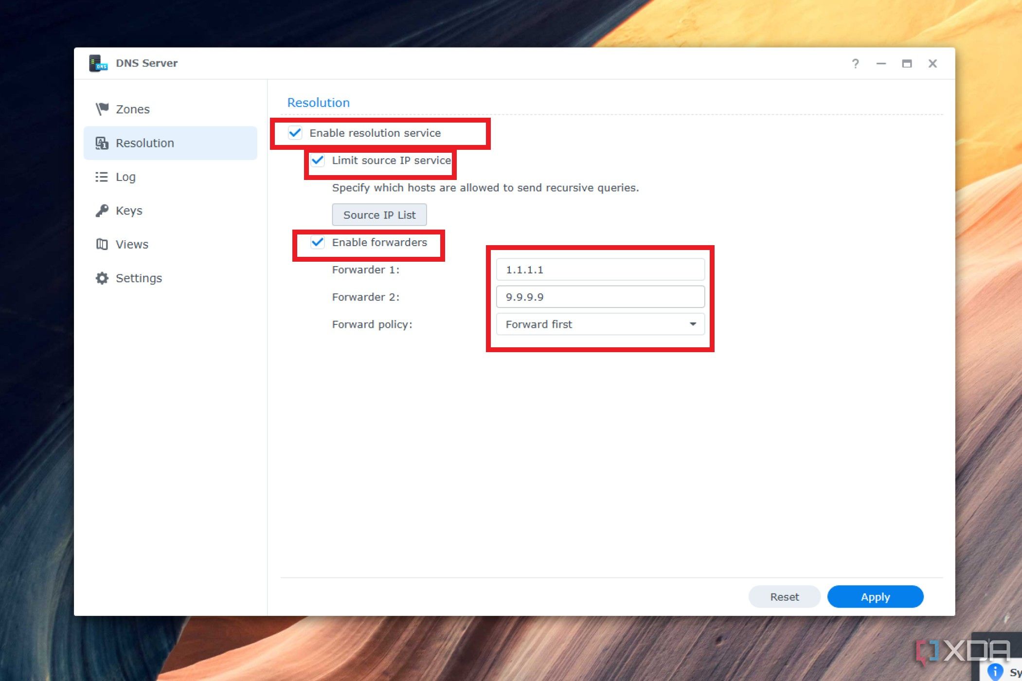 Captura de pantalla de la configuración de resolución del servidor DNS Synology