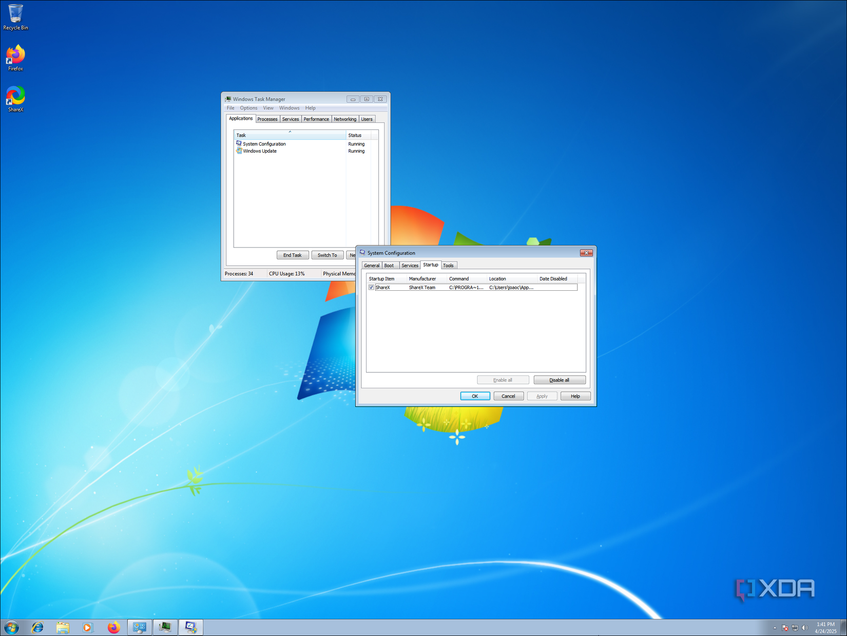 Screenshot of the Task Manager and System Configuration tools in Windows 7, with the latter showing startup tasks
