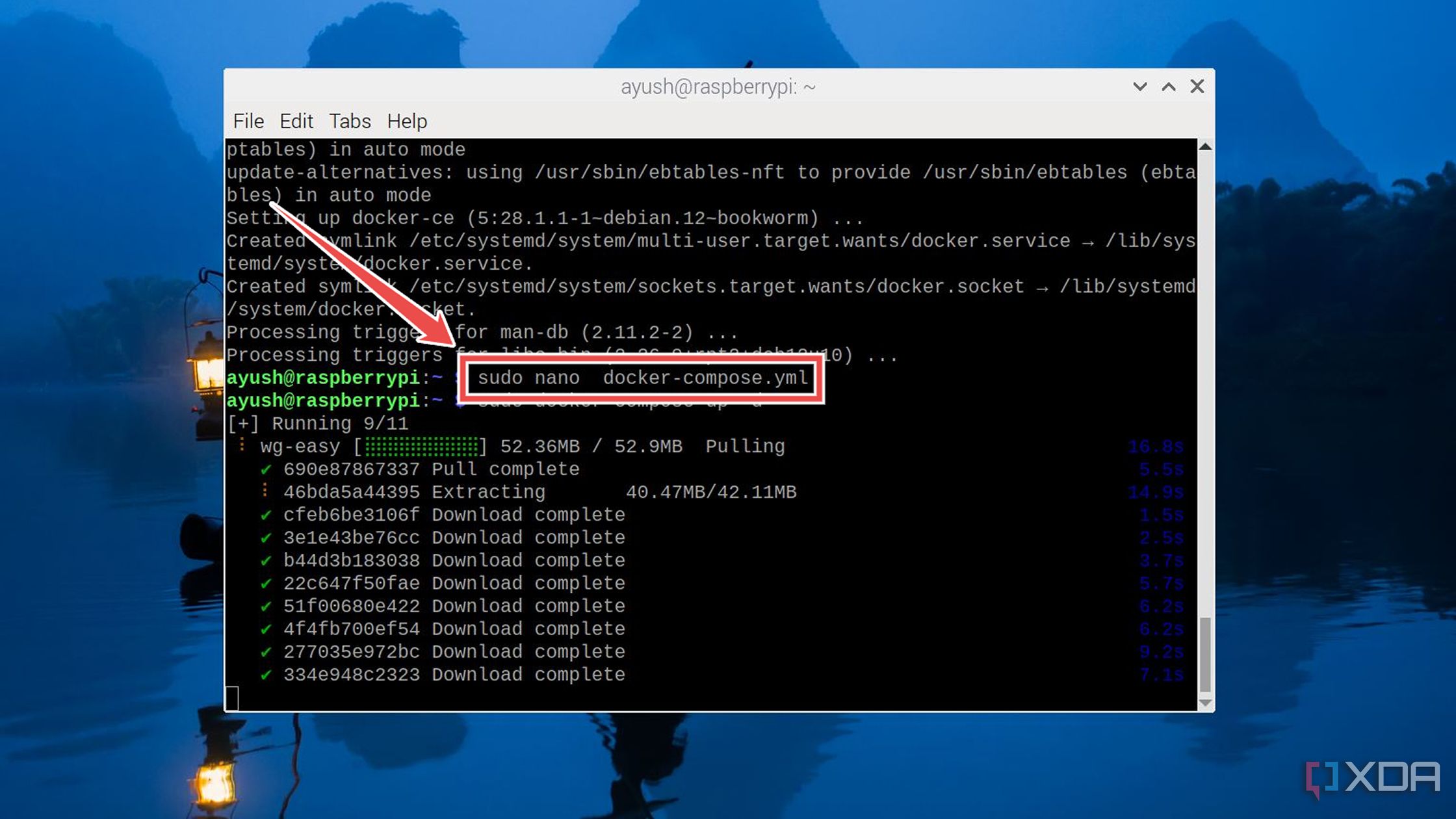 Modificación del archivo Docker-compose.yml de WG-Easy usando el editor nano