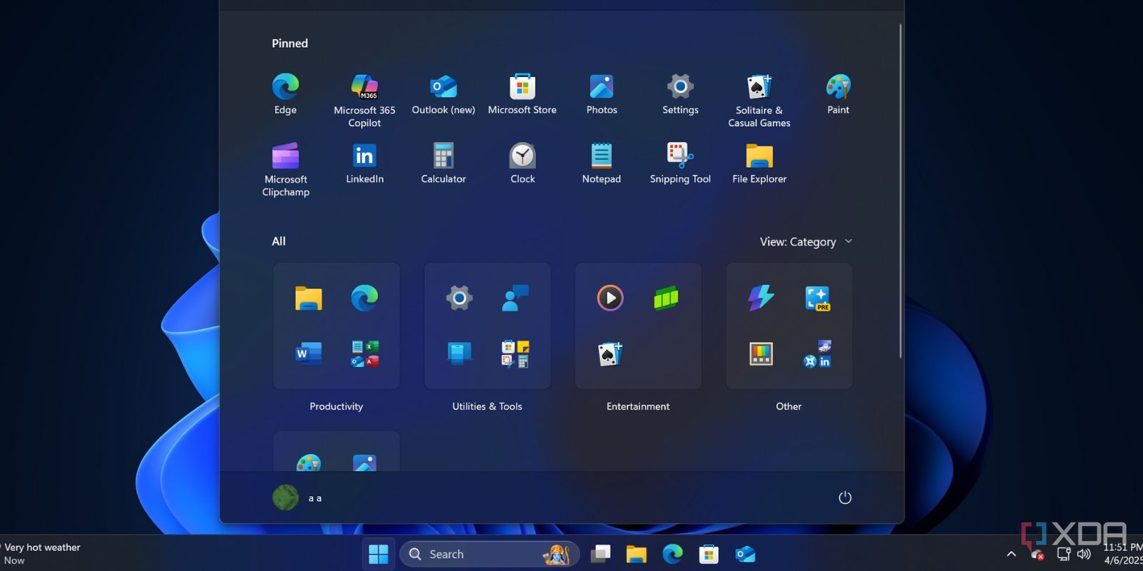 screenshot showing Windows 11 Start menu's upcoming category view