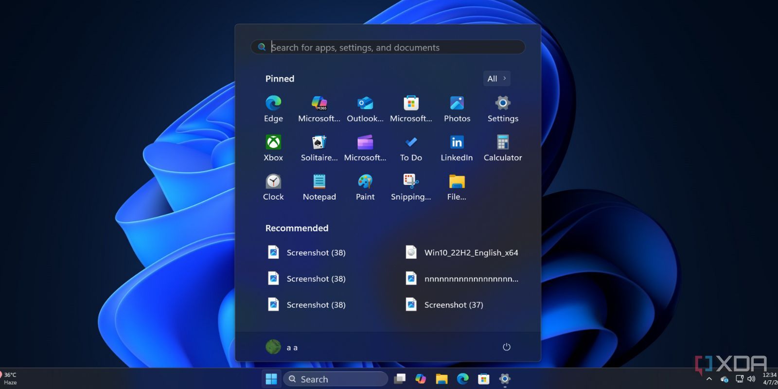 screenshot showing windows 11 24H2's start menu design