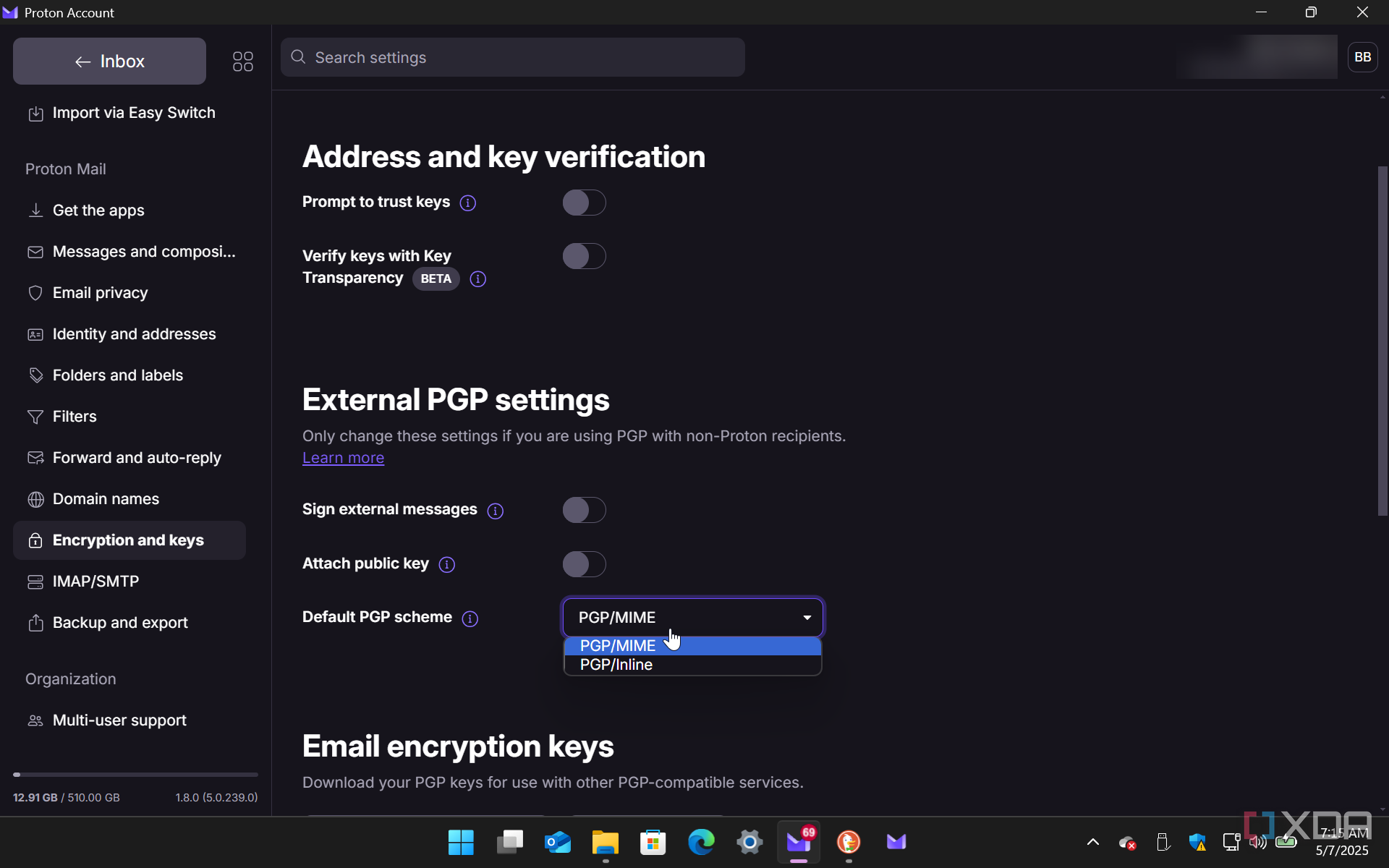 shows encryption and security settings in Proton Mail app for Windows 11
