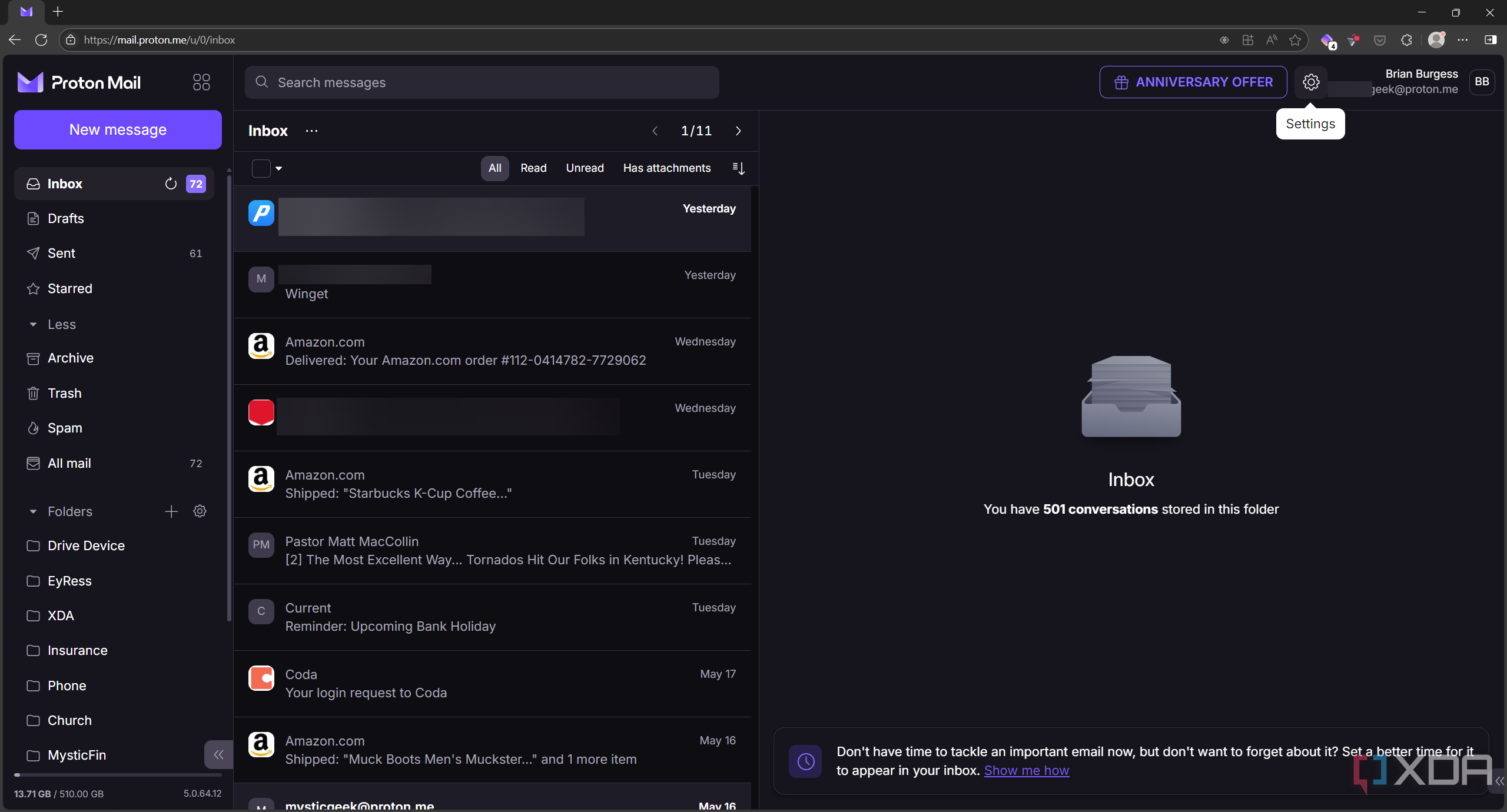 Shows Proton Mail settings