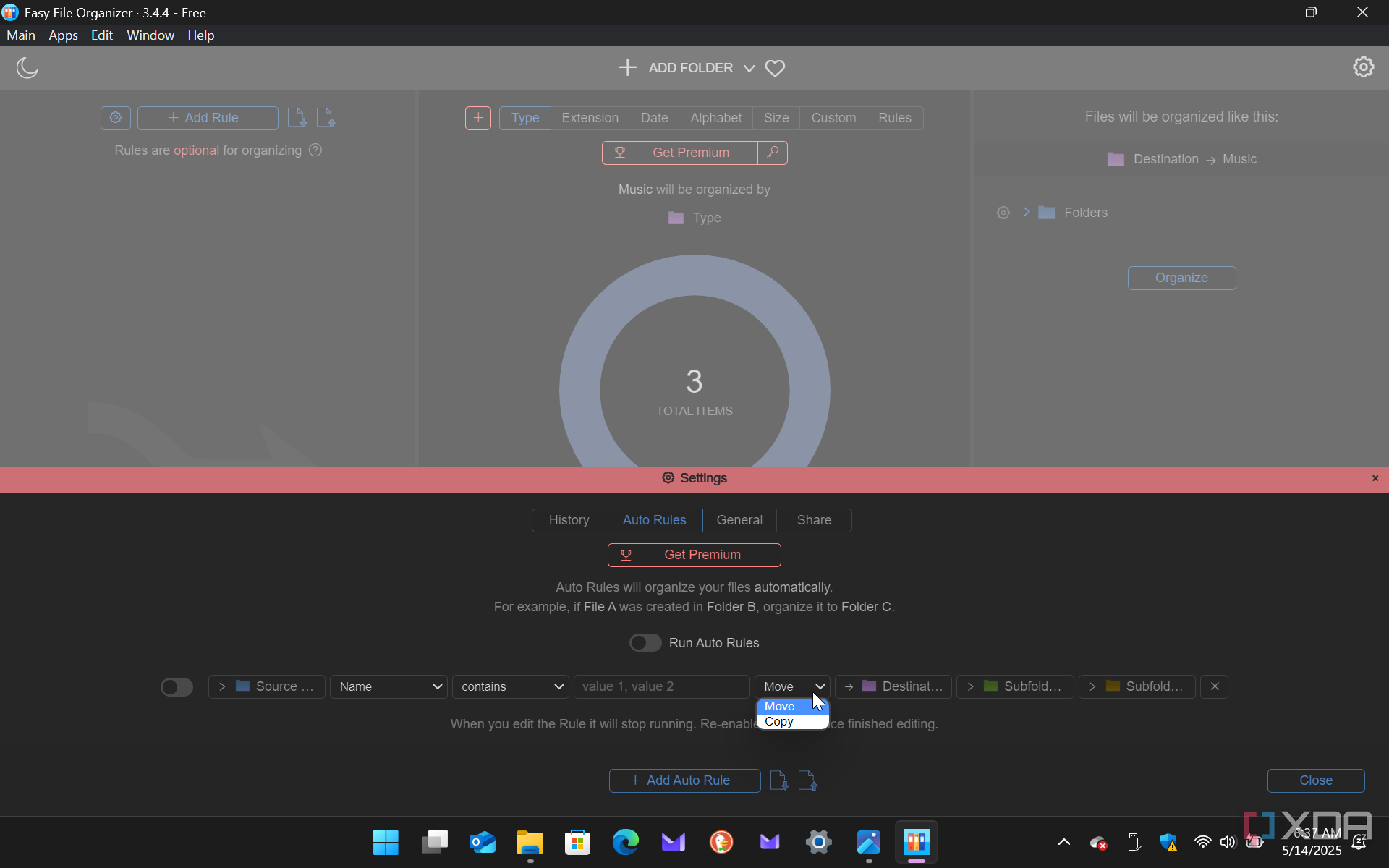 Shows settings in Easy File Organizer