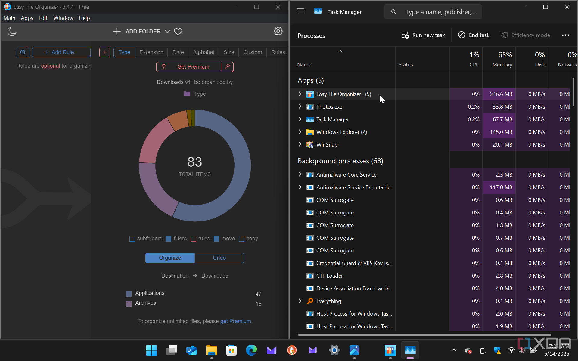 Shows Easy File Organizer running with Task Manager open
