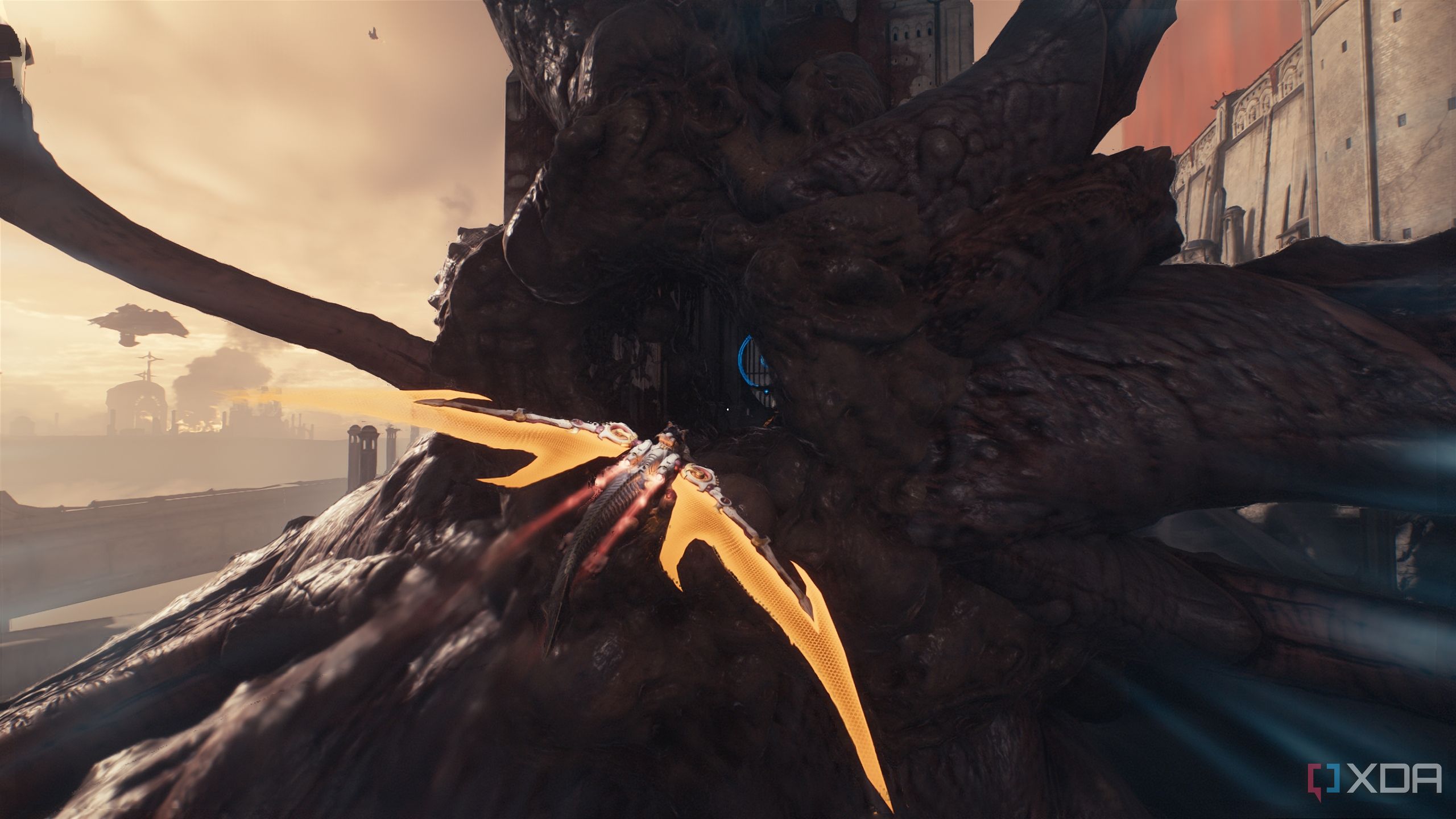 Serrat the dragon flying through a huge demon's corpse.