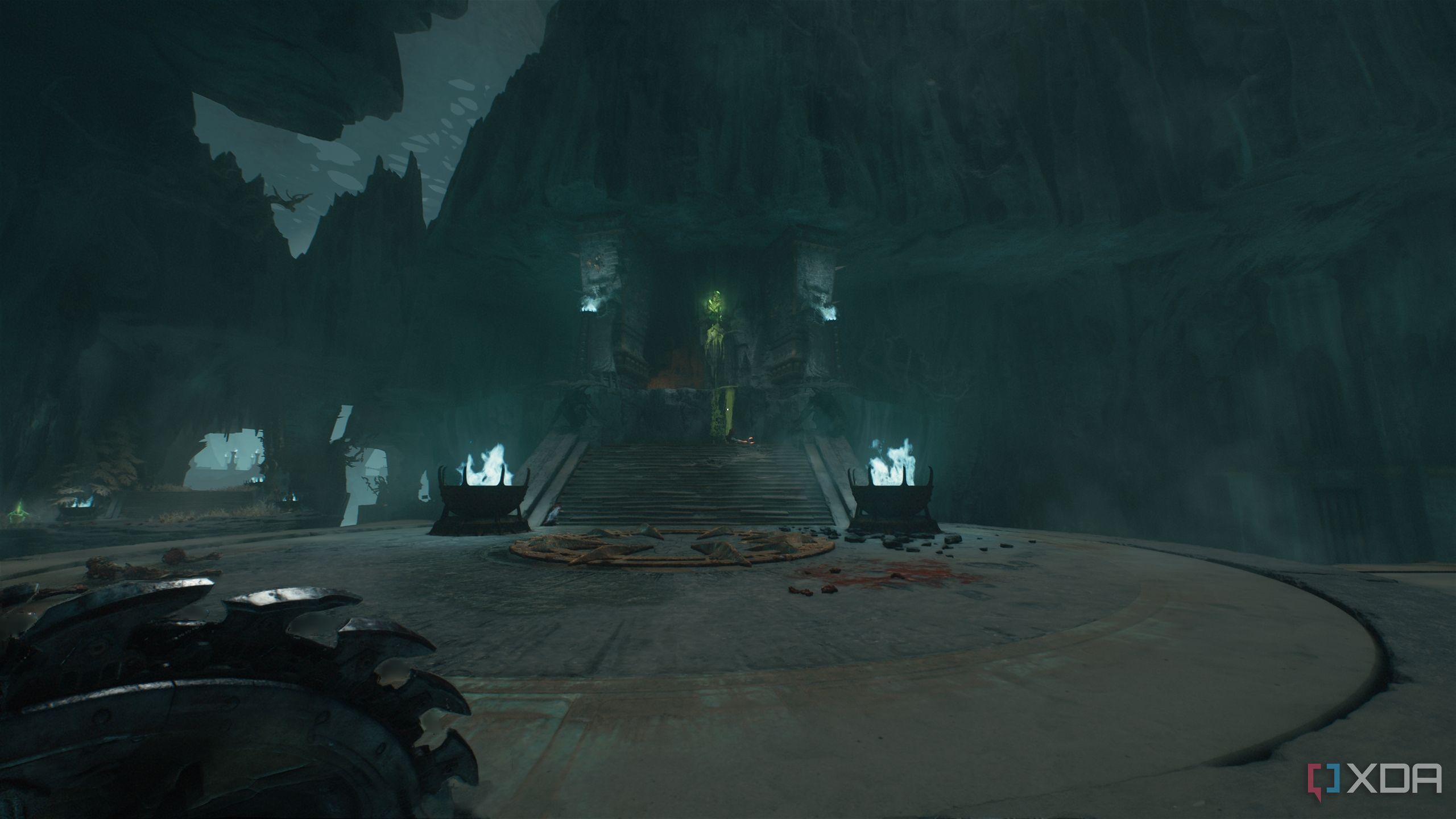 A central, circular platform with a green flesh node in the distance.