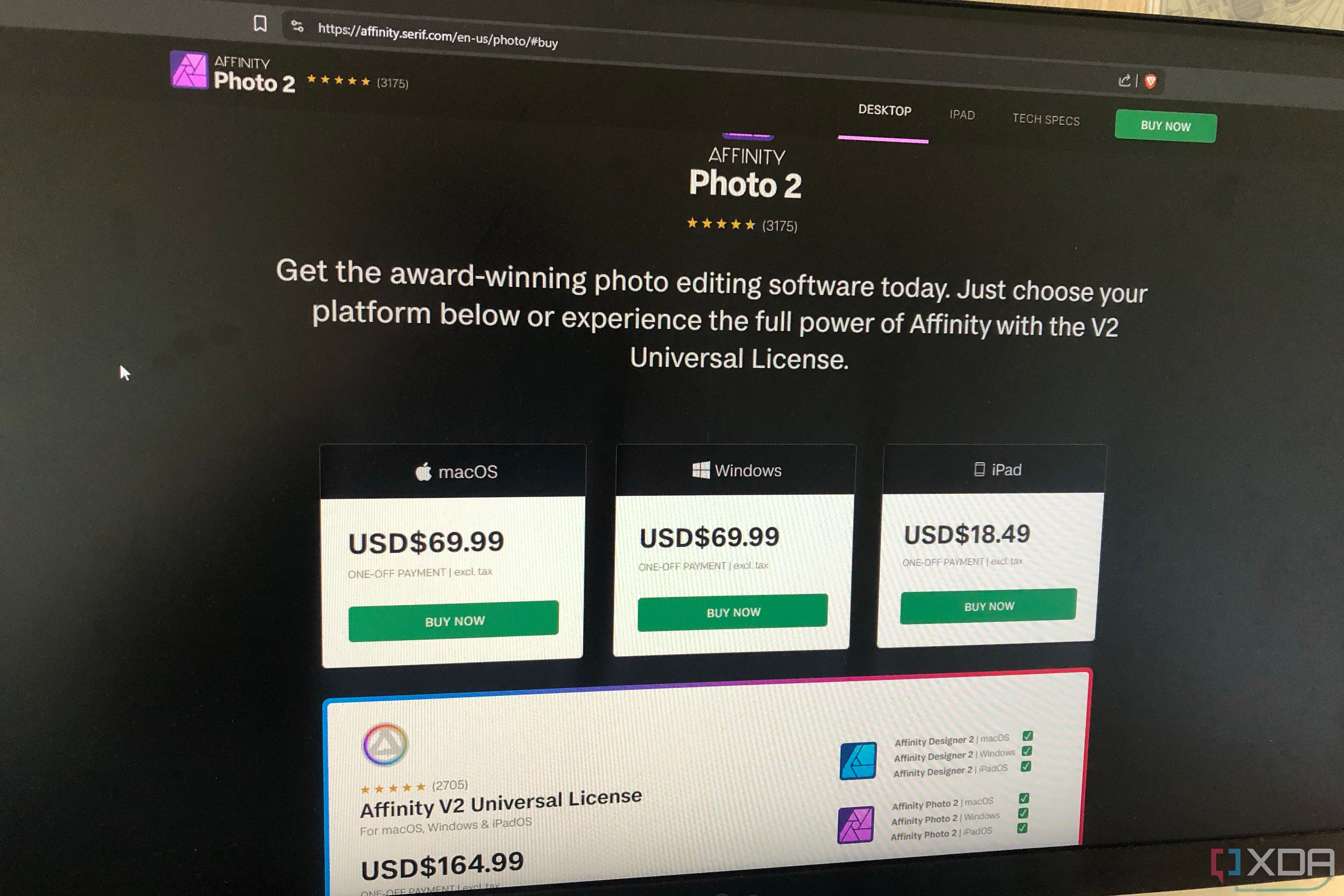 Affinity Photo pricing section on website