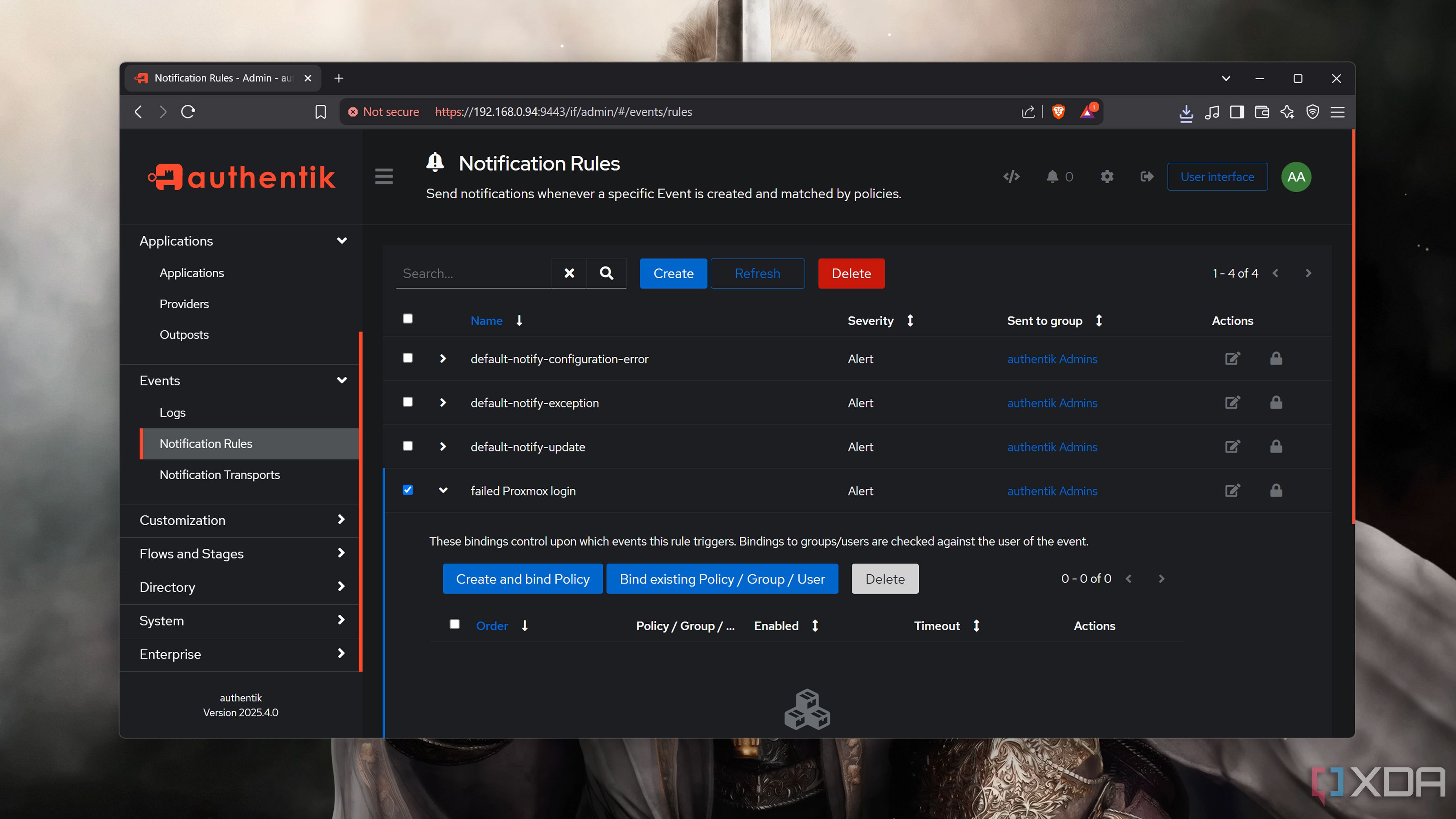 La pestaña Reglas de notificación en la interfaz de usuario web de Authentik