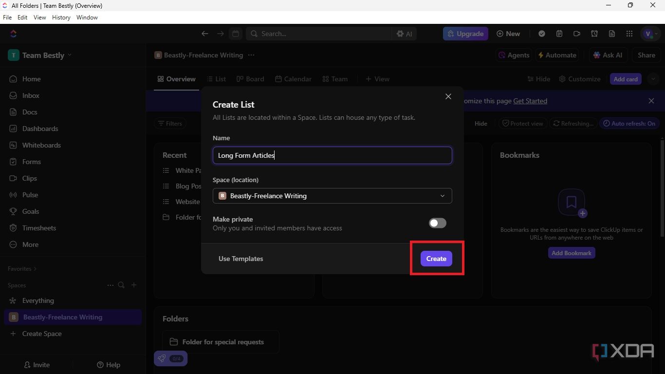 Simply click create to create list