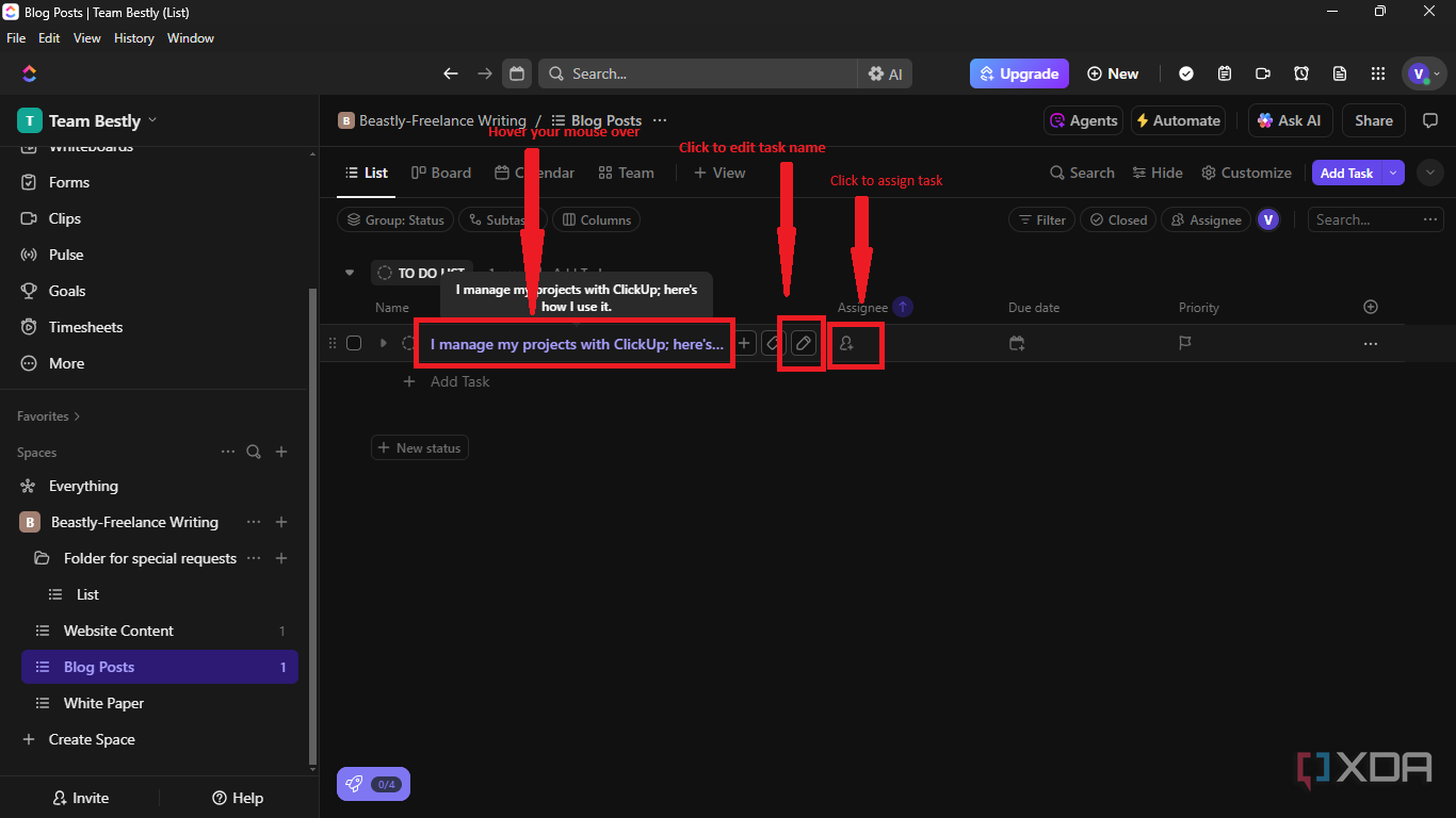 Hover mouse over task name to edit task name or assign task