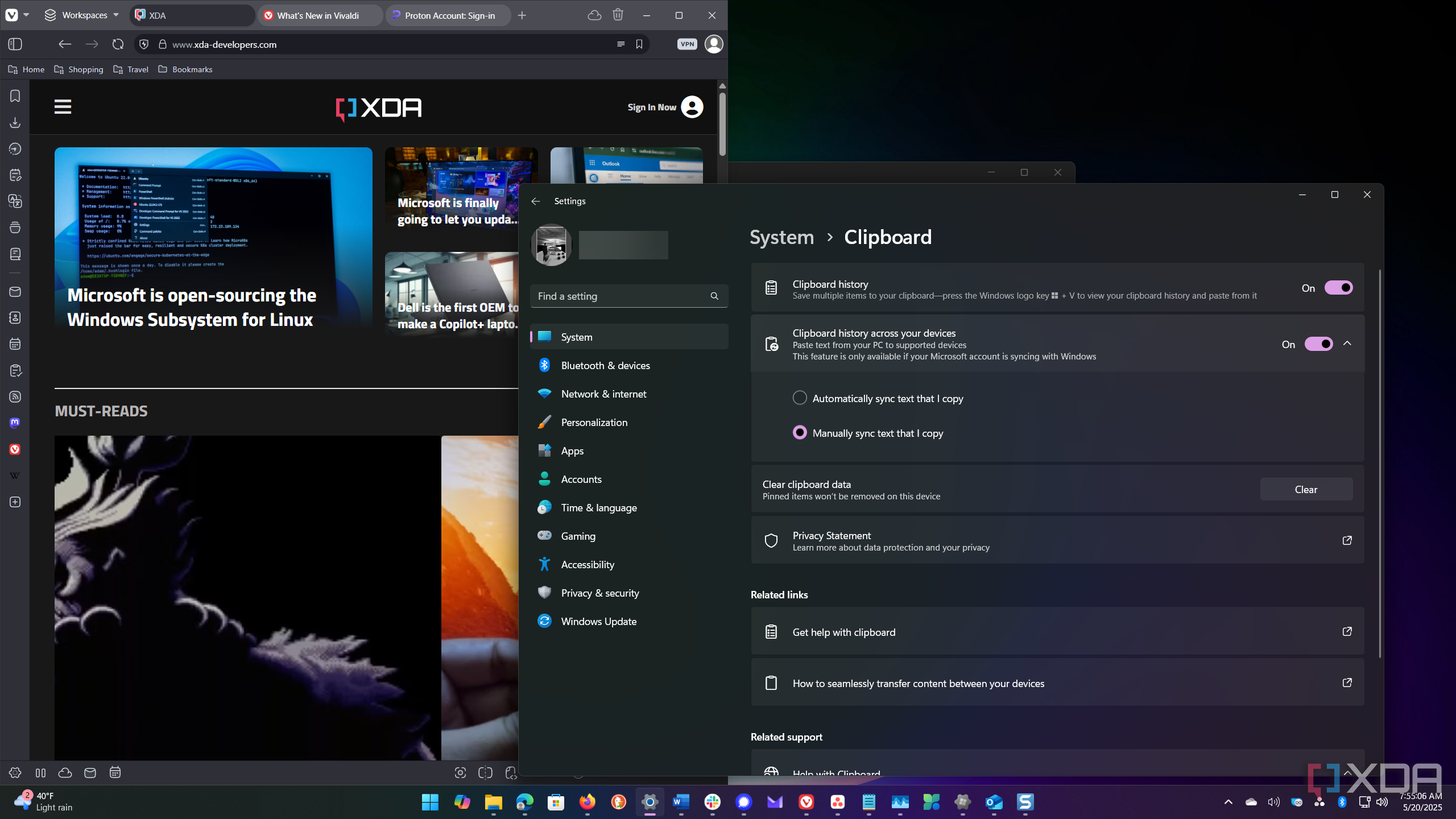 Shows clipboard history feature in Windows 11 Settings app
