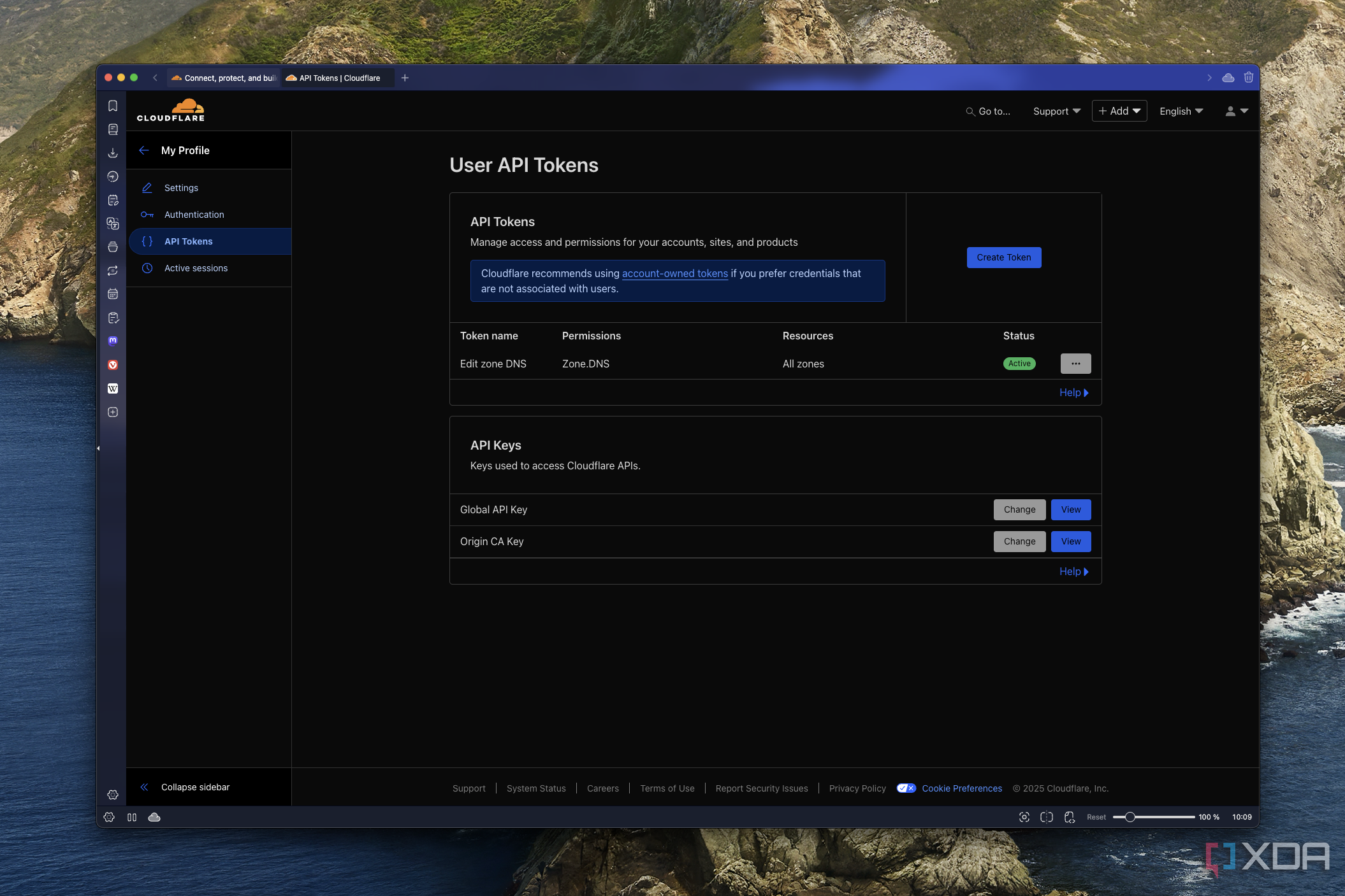 Screenshot of the Cloudflare API tokens page showing