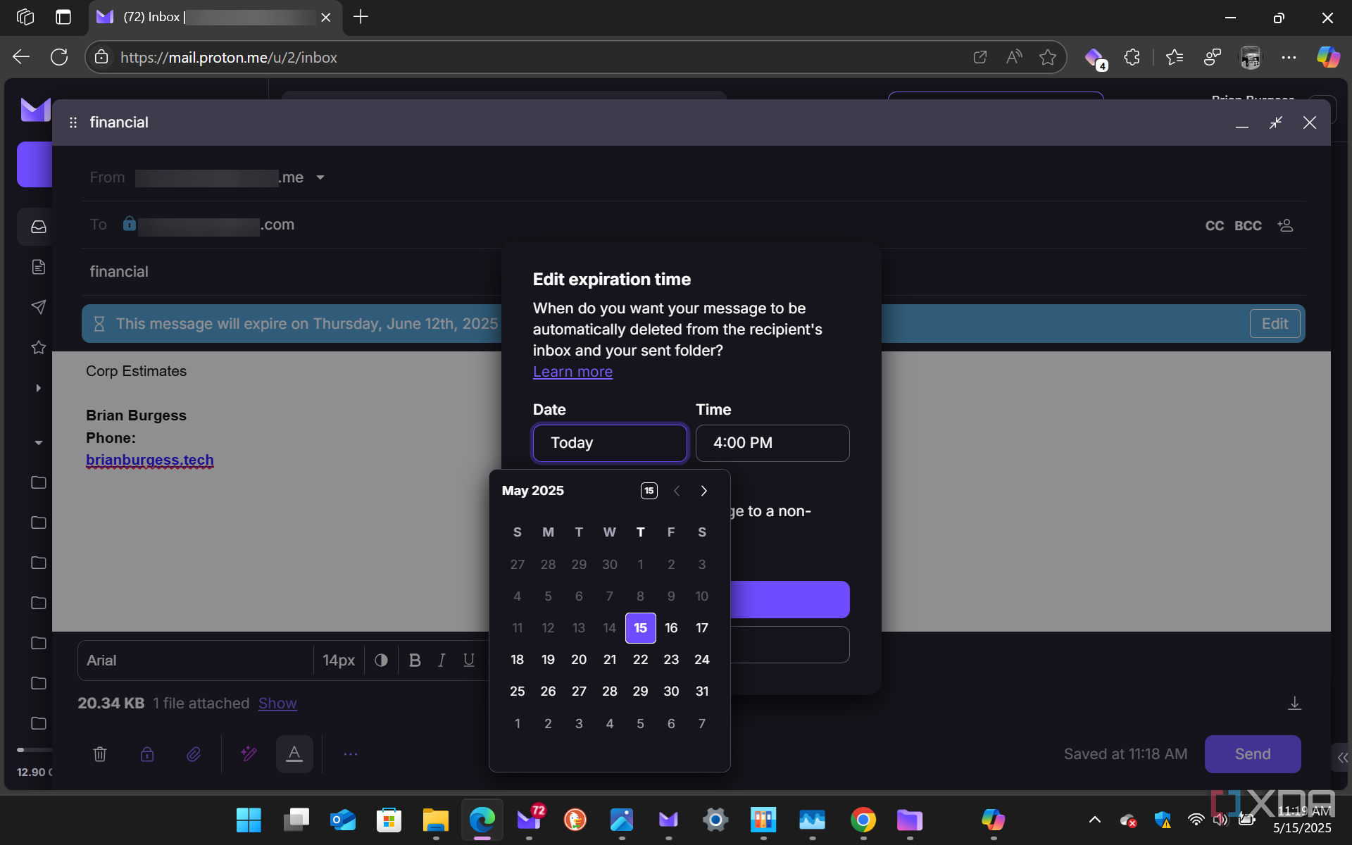 Shows Composing a new message and self-destruct control to Proton user