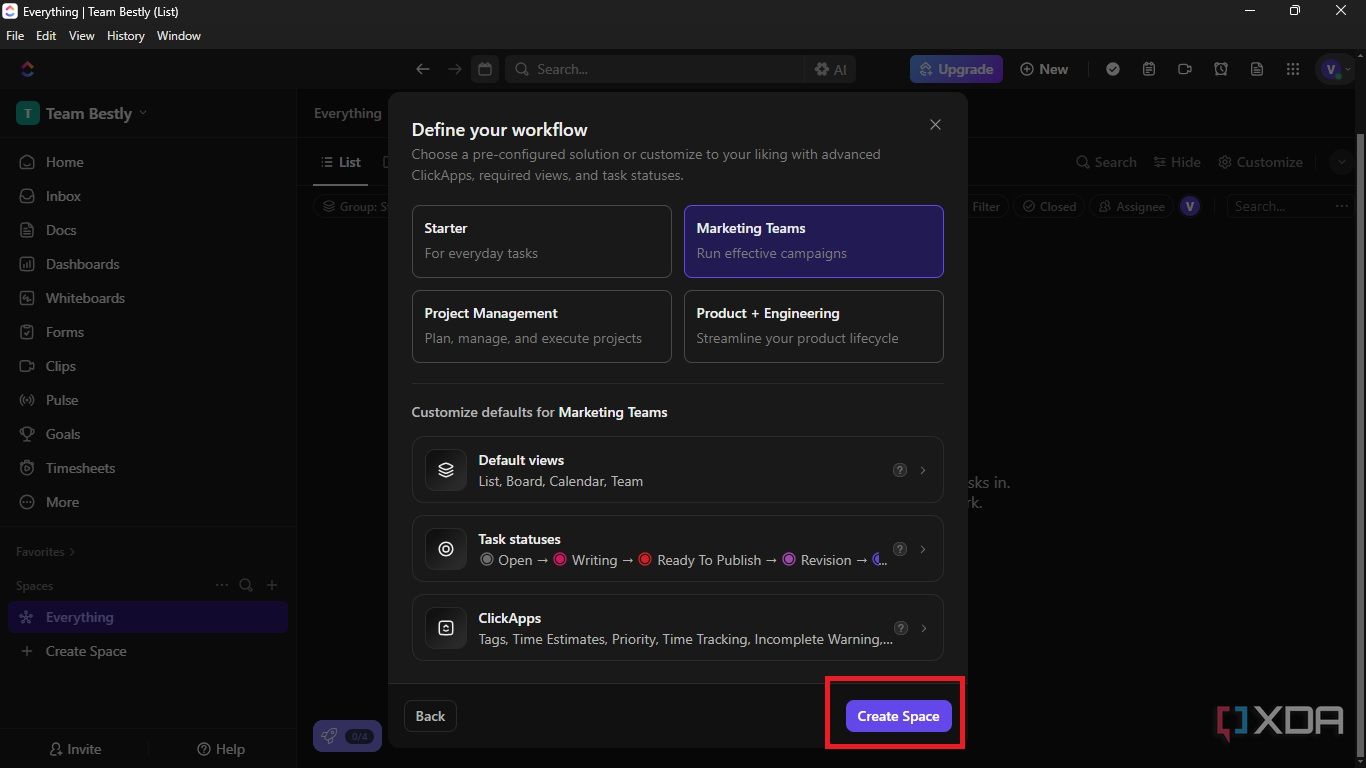Click Create Space to finalize the process