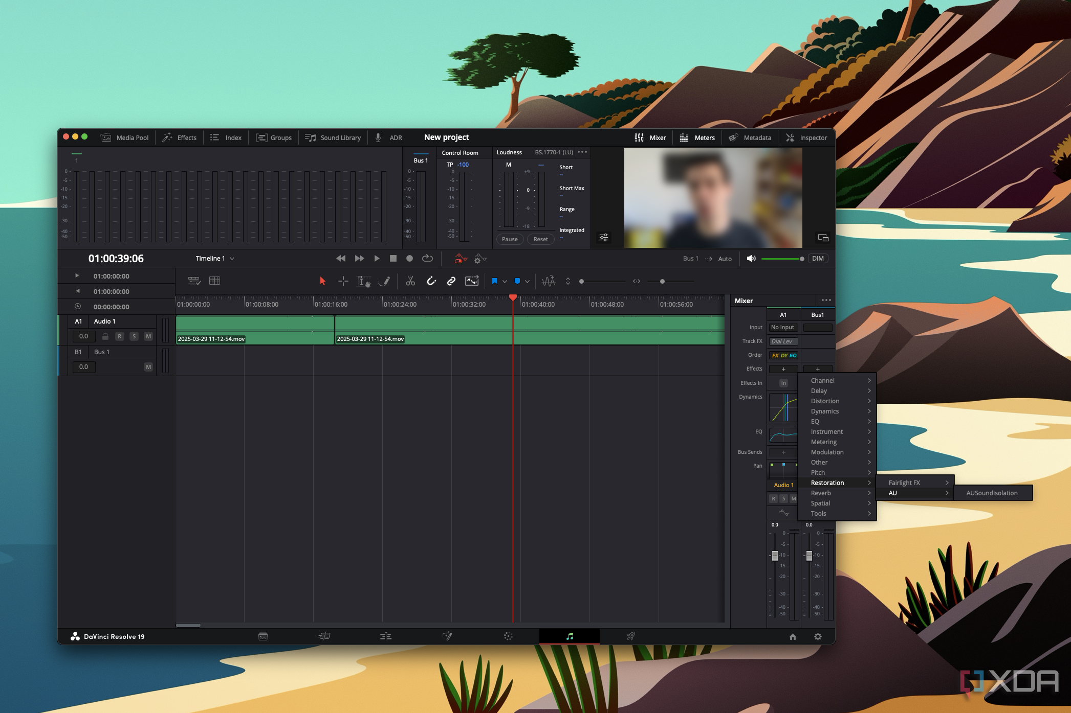 Screenshot of DaVinci Resolve on macOS showing a list of audio plug-ins, specifically the AUSoundIsolation plug-in that's only on macOS