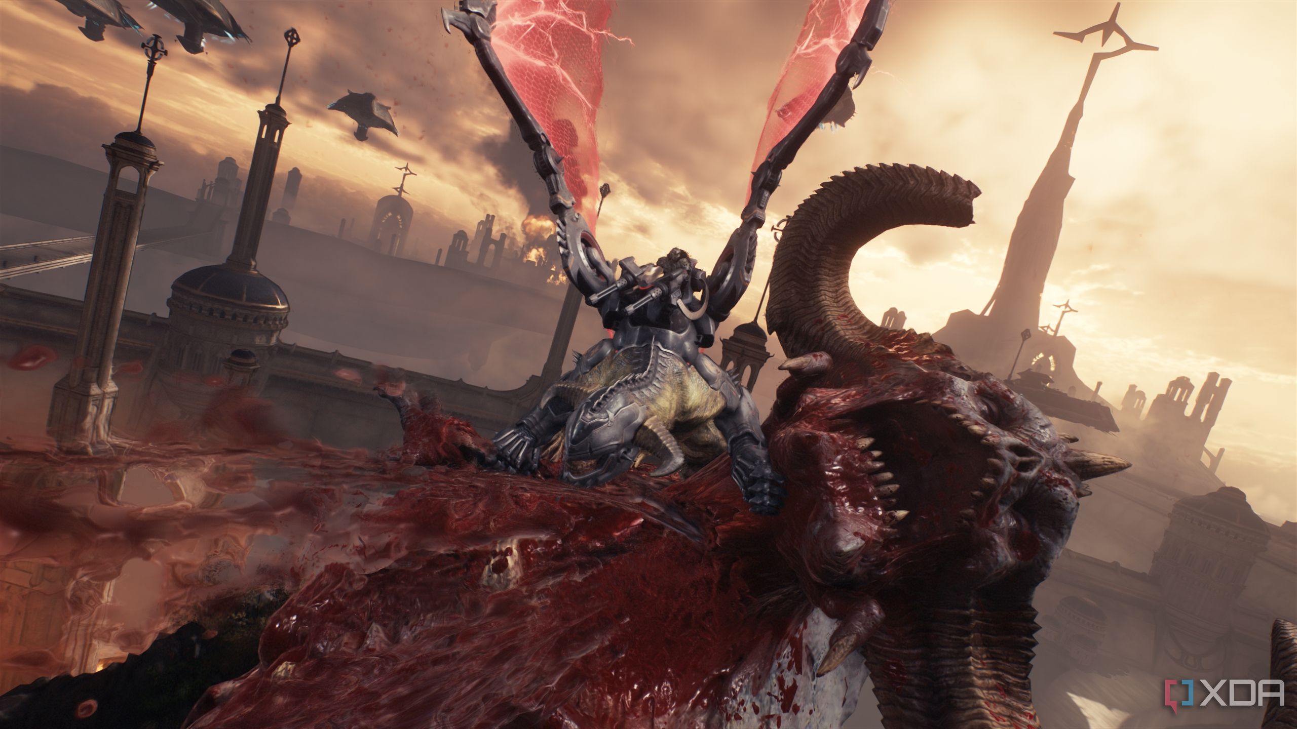 Un monte de dragón mordiendo el cuello de un titán de demonio en Doom: The Dark Edad.