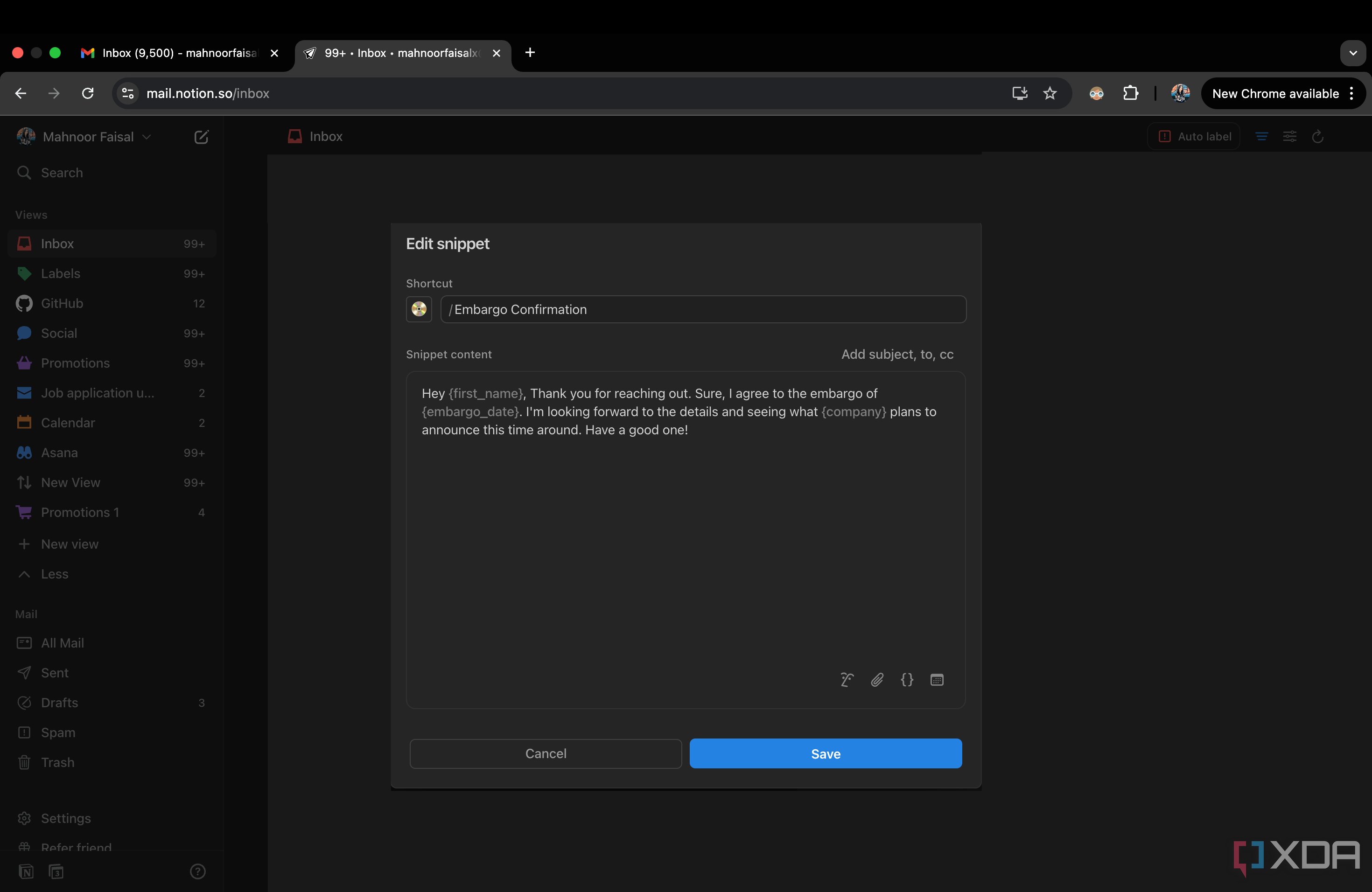 Edit snippet window in Notion Mail
